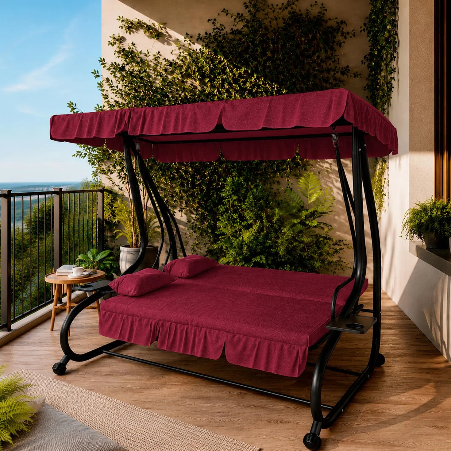 Dondolo 3 Posti Reclinabile Madeira Tettuccio Parasole Regolabile Cuscini Imbottiti Diventa Letto Struttura Robusta In Acciaio Verniciato Giardino Esterno Balcone Terrazzo 200 x 120 x 160 cm Bordeaux