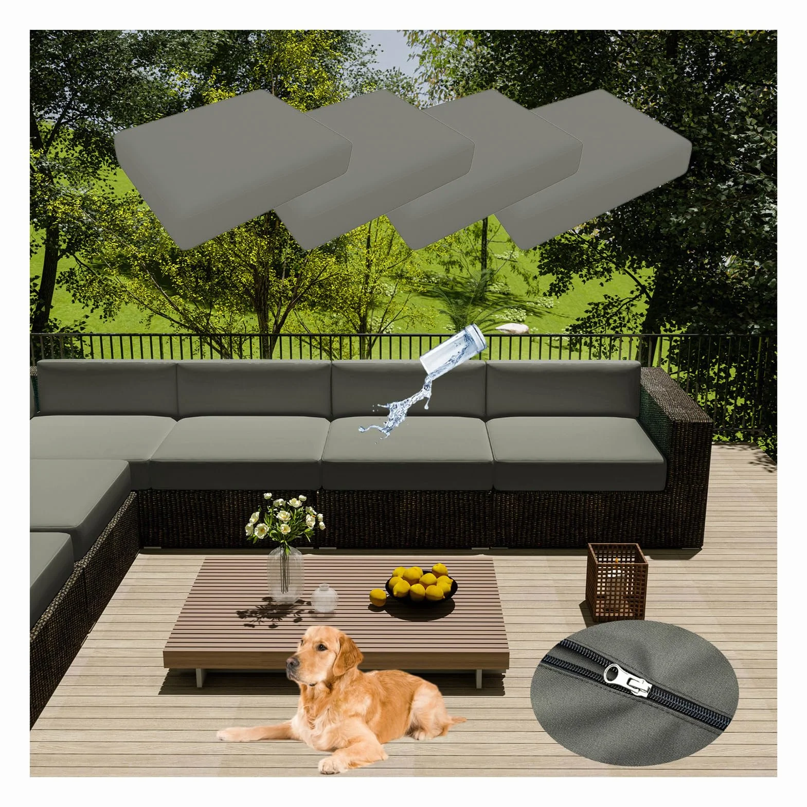 Set da 4 Pezzi Impermeabile Federe per Cuscino da Esterno per Esterni e Patio, Federe per Cuscini con Cerniera per L/Angolo Divano Copricuscini per Giardino Rattan (33 * 65cm,Grigio Chiaro)