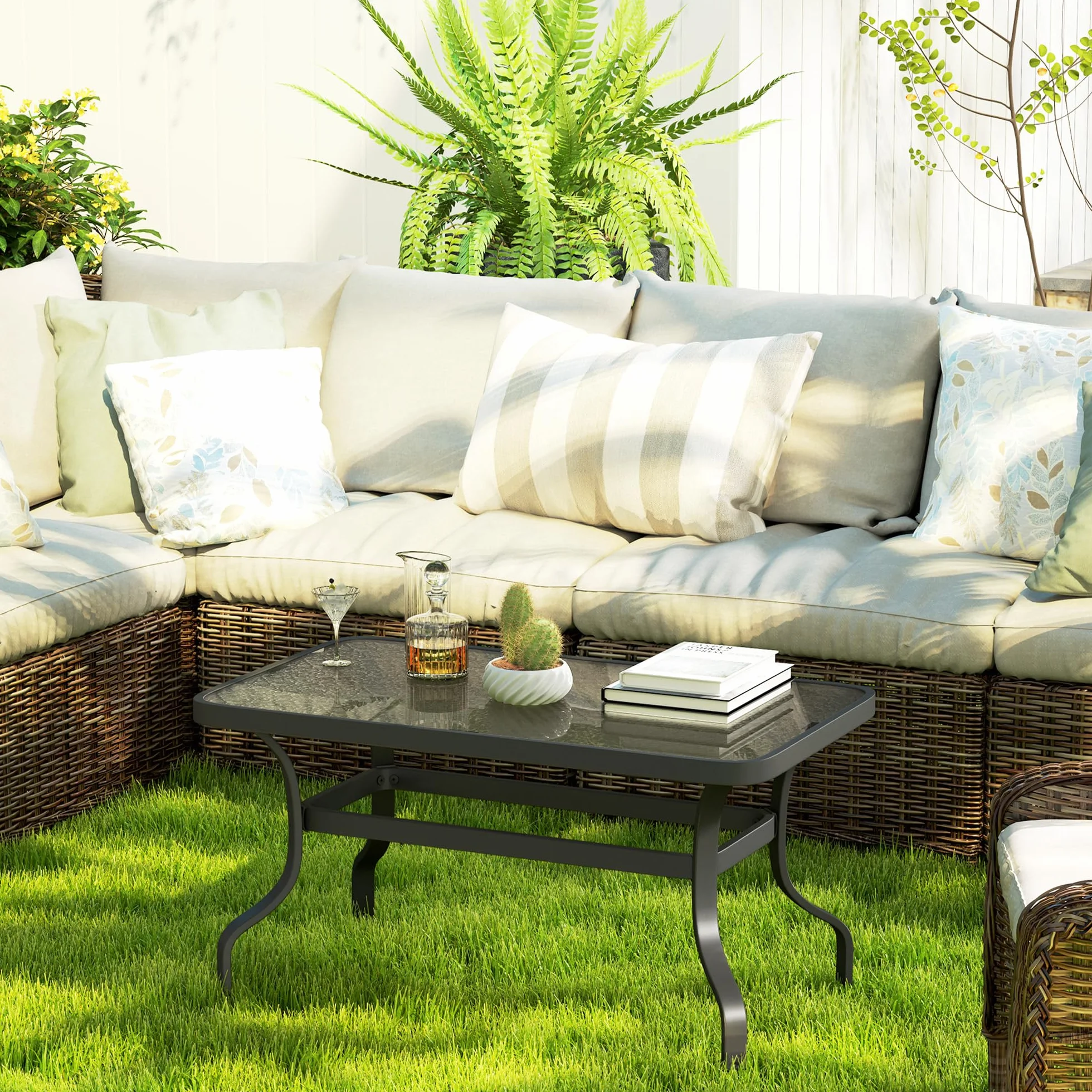 Outsunny Tavolino da Caffè per Esterno Rettangolare con Piano in Vetro Temperato, Tavolino da Giardino in Metallo, 95x55x46 cm, Nero