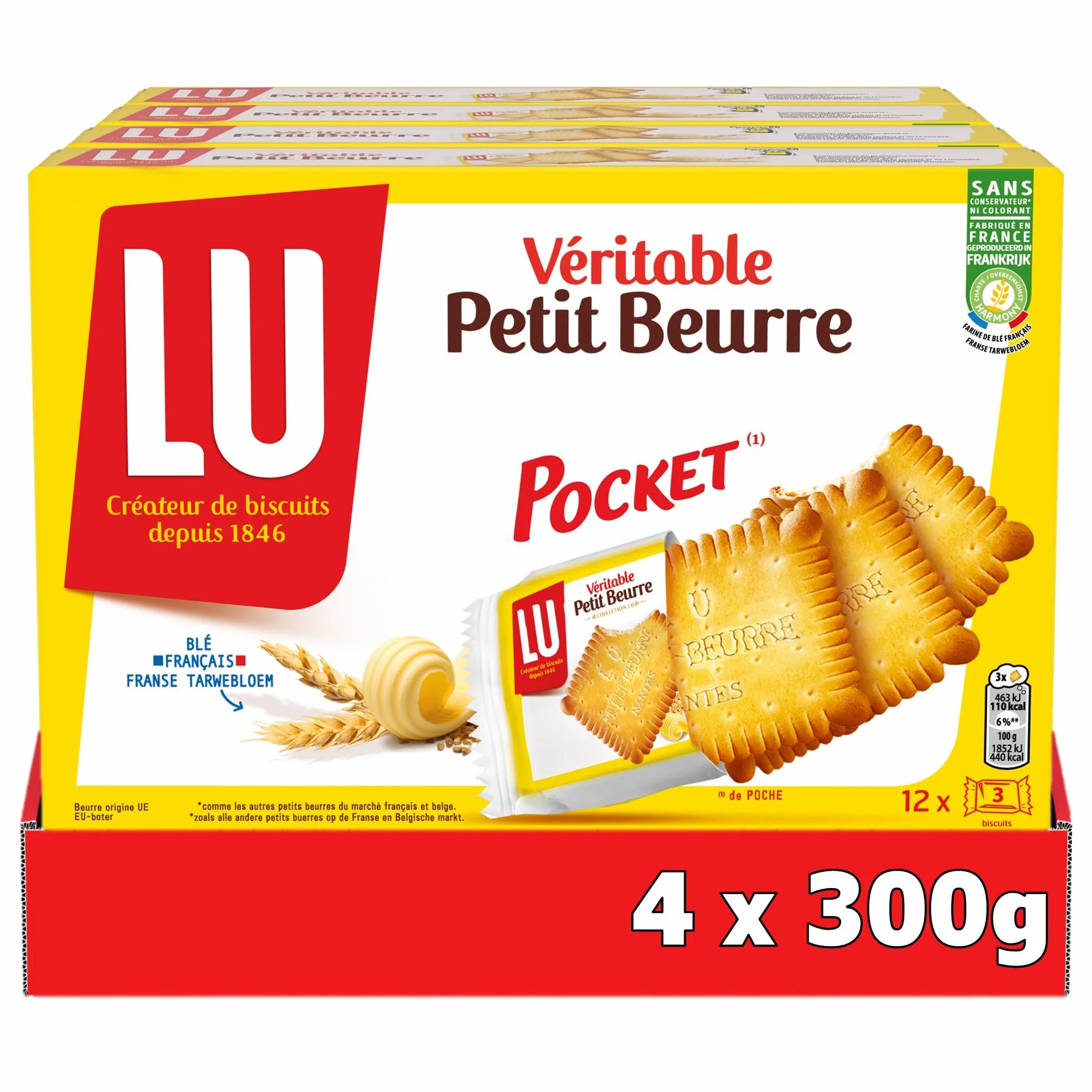 LU - Genuine Petit Beurre Pocket - 4 scatole da 12 sacchetti da 3 biscotti Petit Beurre - Set di biscotti in sacchetti singoli - Ideale per uno spuntino gourmet per bambini - Set di 4x300g