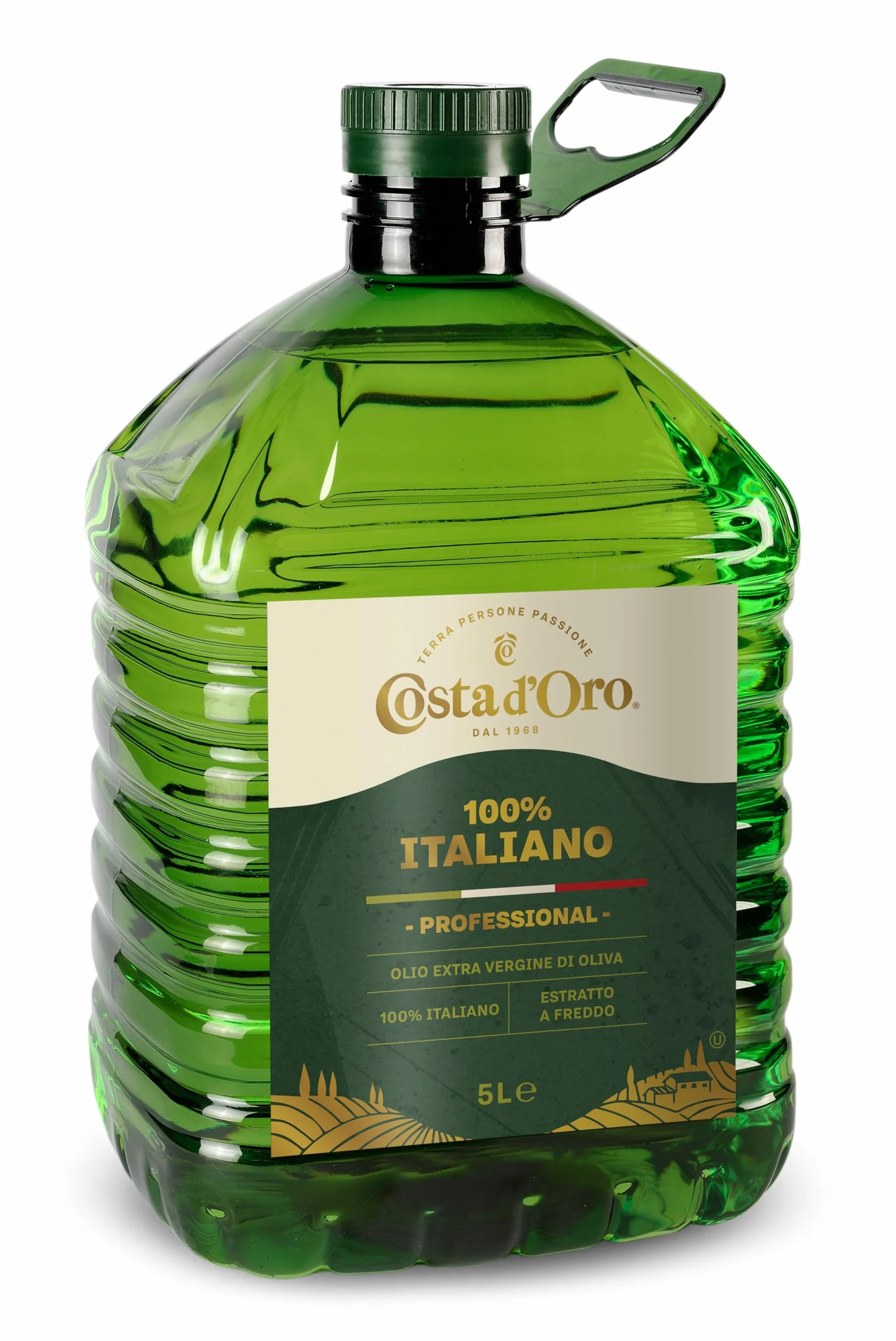 Costa d’Oro – 100% Italiano 5L. Olio extravergine di oliva estratto a freddo da olive 100% italiane. PET da 5L.