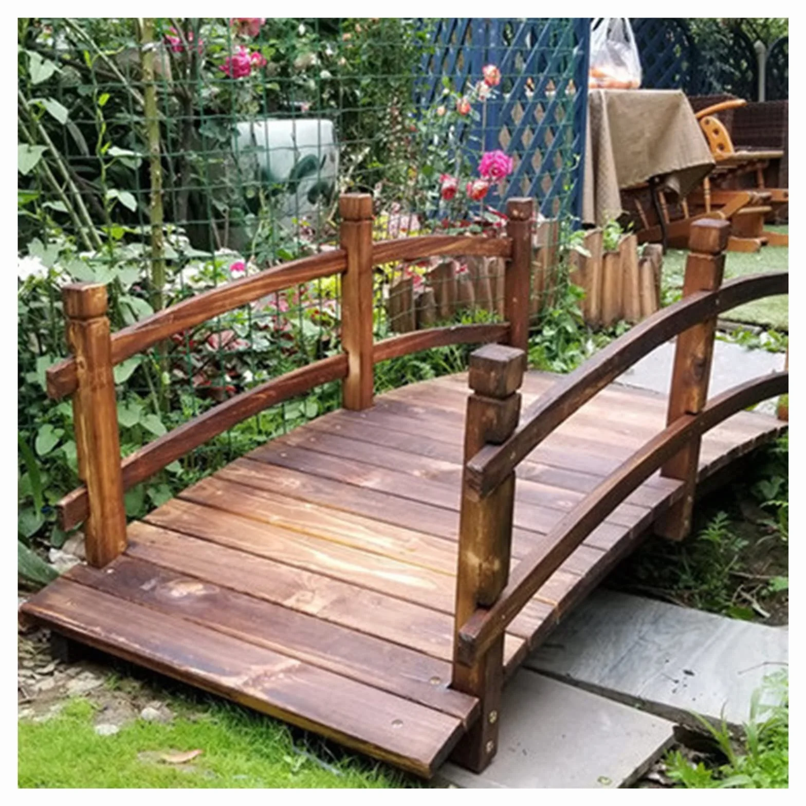 Ponte da giardino in legno per esterni, ruscelli, ponte da giardino ad arco con ringhiere di sicurezza, grande ponte decorativo per laghetto