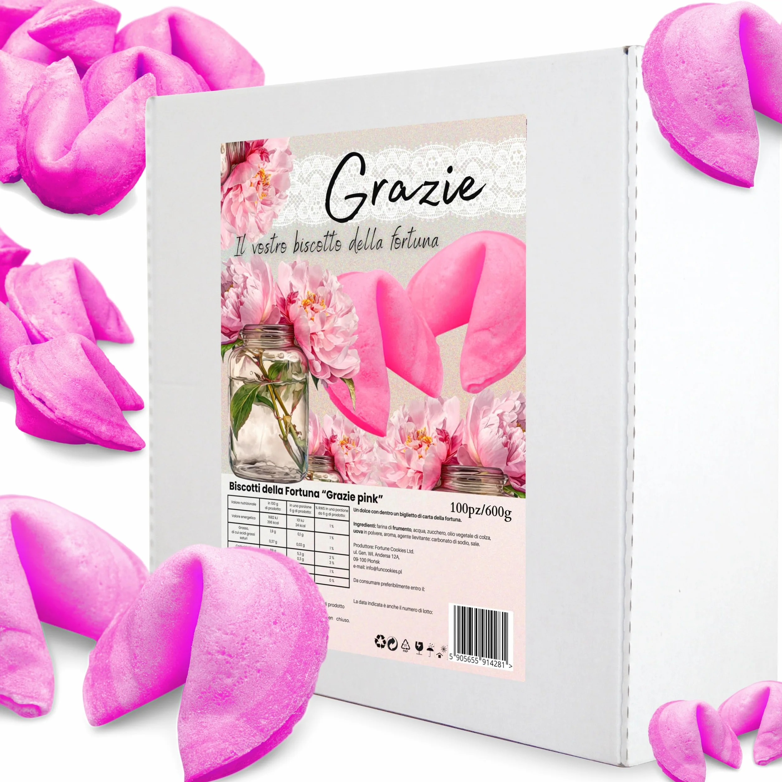 Biscotti della Fortuna Cinesi, Biglietti Profetici, biscotti rosa, Biscotti portafortuna "Grazie",come regalo, per gli ospiti, per una festa, Sapore Vaniglia (100 pezzi)