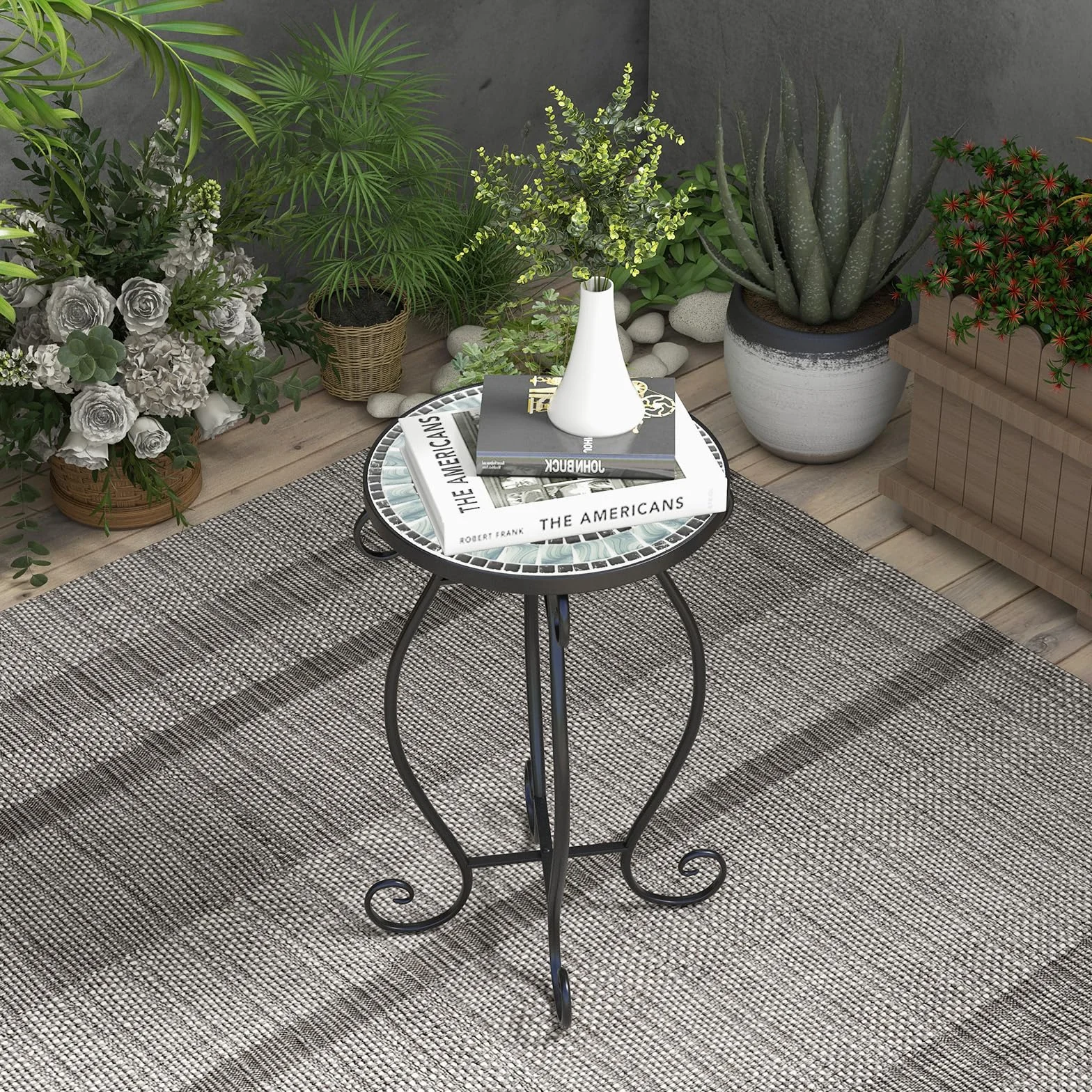 HOMASIS Tavolino da Giardino Piccolo, Tavolino da Caffè in Metallo, Tavolo Rotondo, Sgabello per Piante con Motivo a Mosaico, Tavolino da Balcone, Patio, Terrazzo, 30 x 50 cm (nero e grigio)