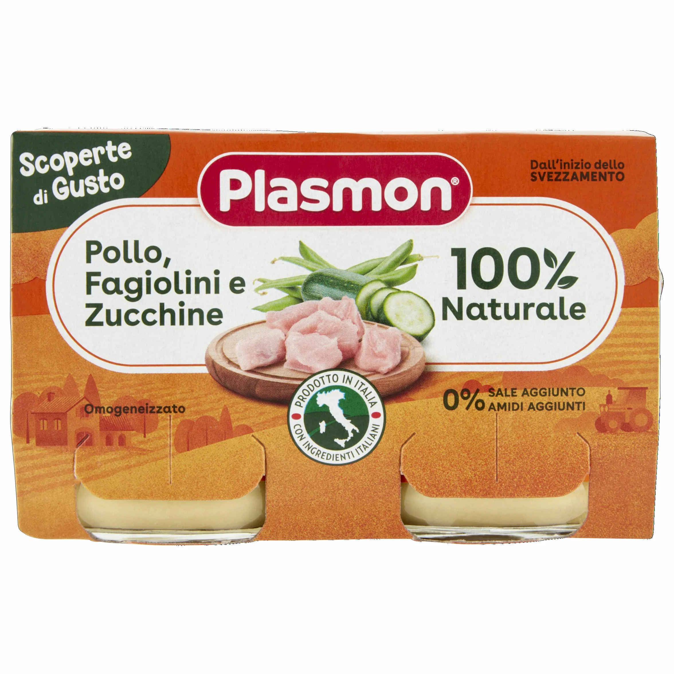 Plasmon Omogeneizzato Scoperte di Gusto Pollo, Fagiolini e Zucchine, 2x120g (12 Confezioni)