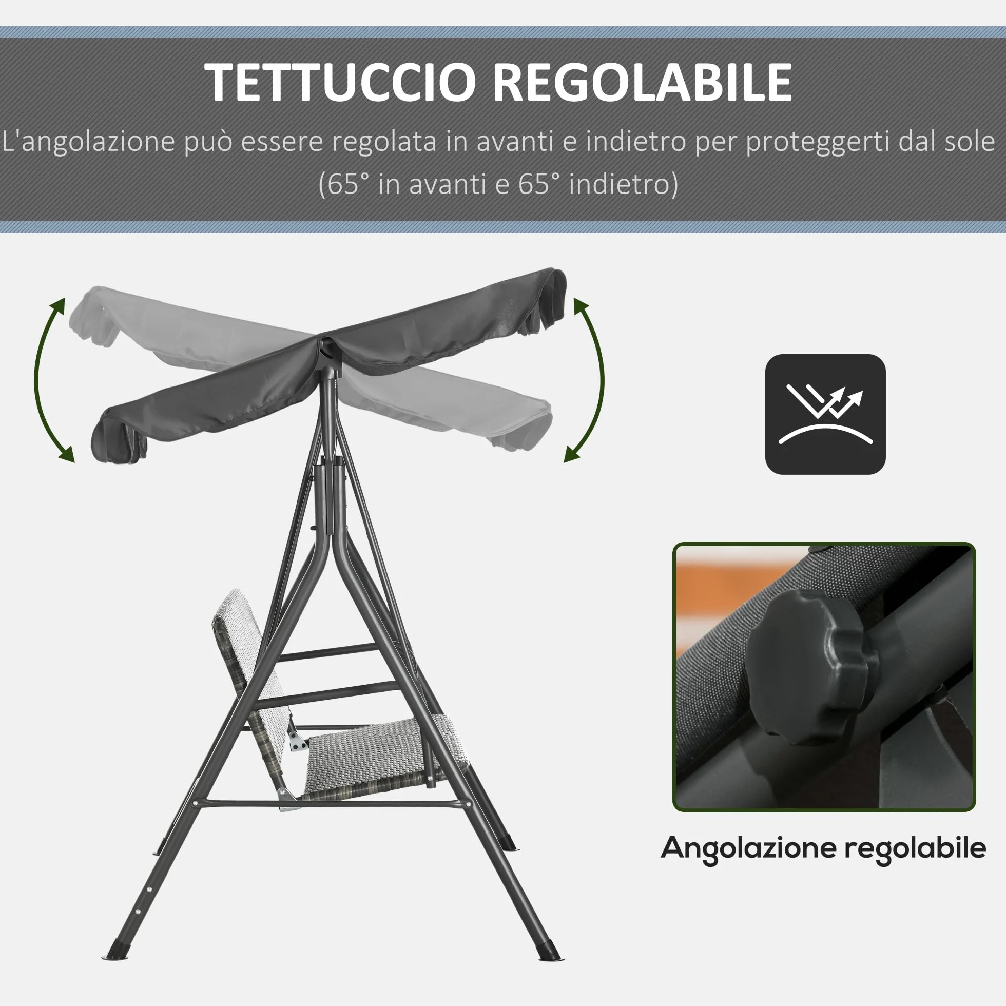 Outsunny Dondolo da Giardino 3 Posti con Tettuccio Parasole Regolabile, Dondolo da Esterno con Seduta Traspirante in Rattan PE e Acciaio, Portata fino a 240 kg, 167x112x153 cm, Grigio Scuro