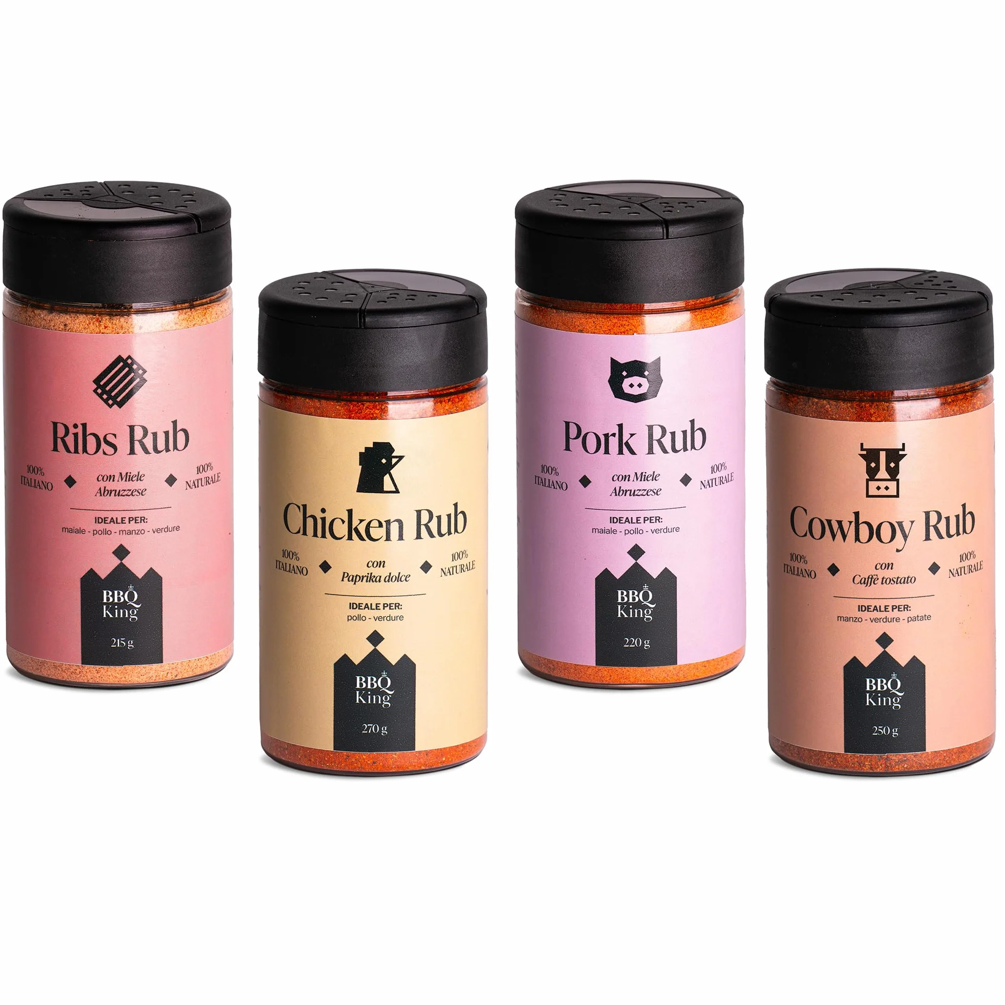 BBQ KING - Multi Pack Pitmaster Rub per Barbecue, 4 Confezioni da 215/250 Gr di Dry Rub Bbq, Miscela di Spezie 100% Made in Italy, 1 x Chicken Rub, 1 x Pork Rub, 1 x Ribs Rub e 1 x Cowboy Rub