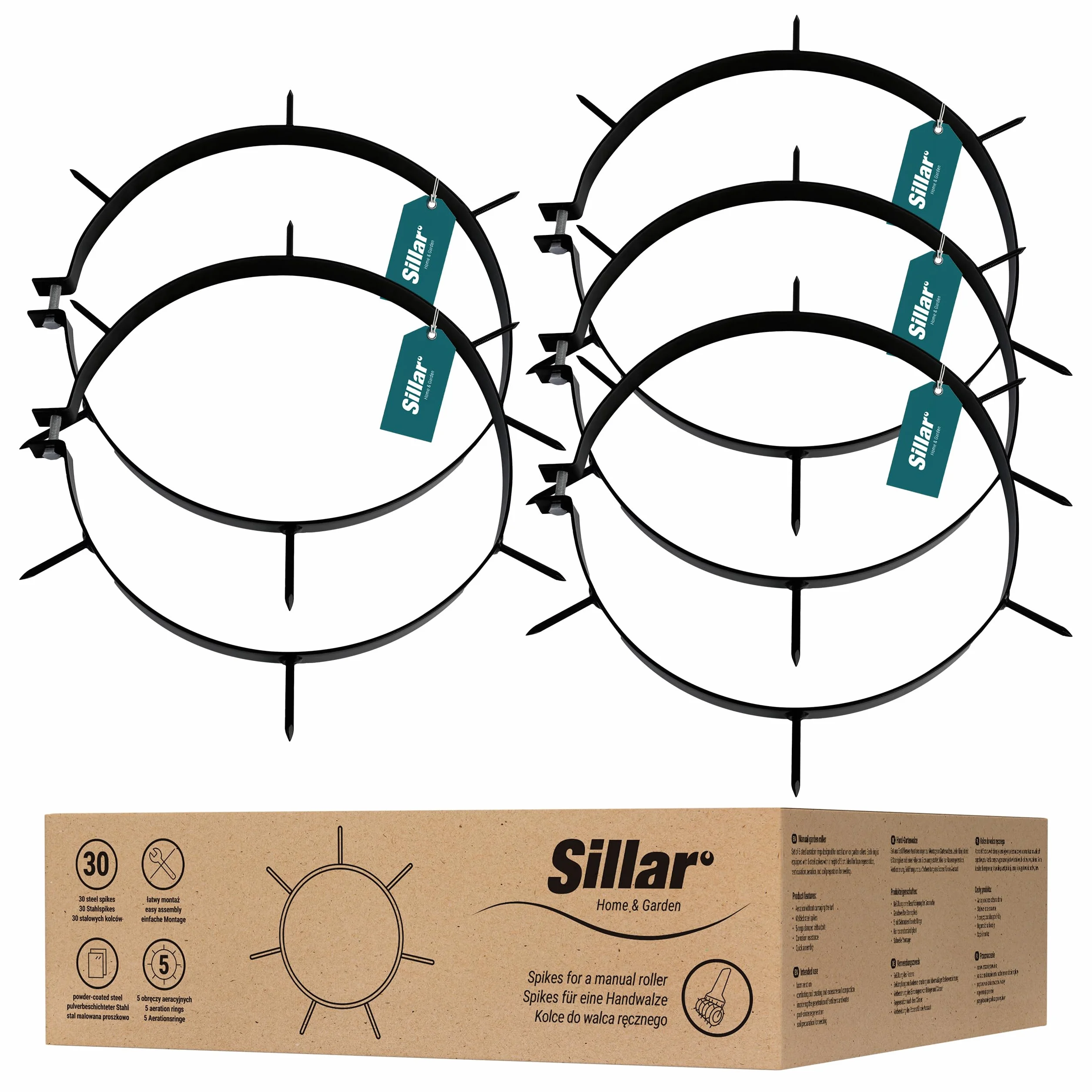 Sillar Anelli Aeratori per Rullo da Prato, 32 cm, Set di 5 Anelli con 30 Punte in Acciaio, Accessorio per Rullo da Giardino, Utensile Manuale per Arieggiare e Rigenerare Il Prato