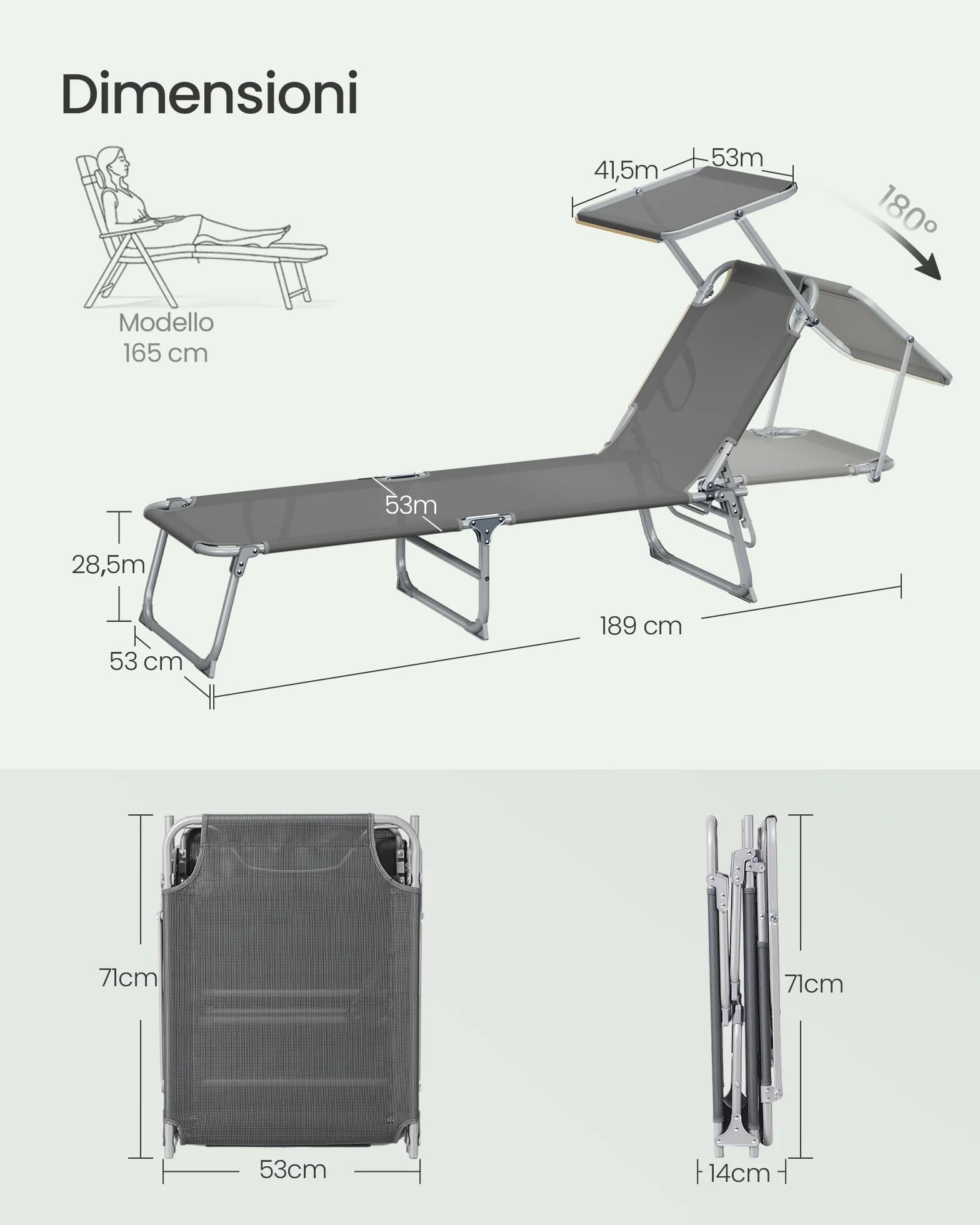 SONGMICS Sedie a Sdraio Pieghevoli, 189 x 53 x 28,5 cm, Lettini Prendisole, Portata 110 kg Ciascuno, Parasole e Schienale Regolabili, per Terrazza e Balcone, Set da 2, Grigio GCB294GZ02