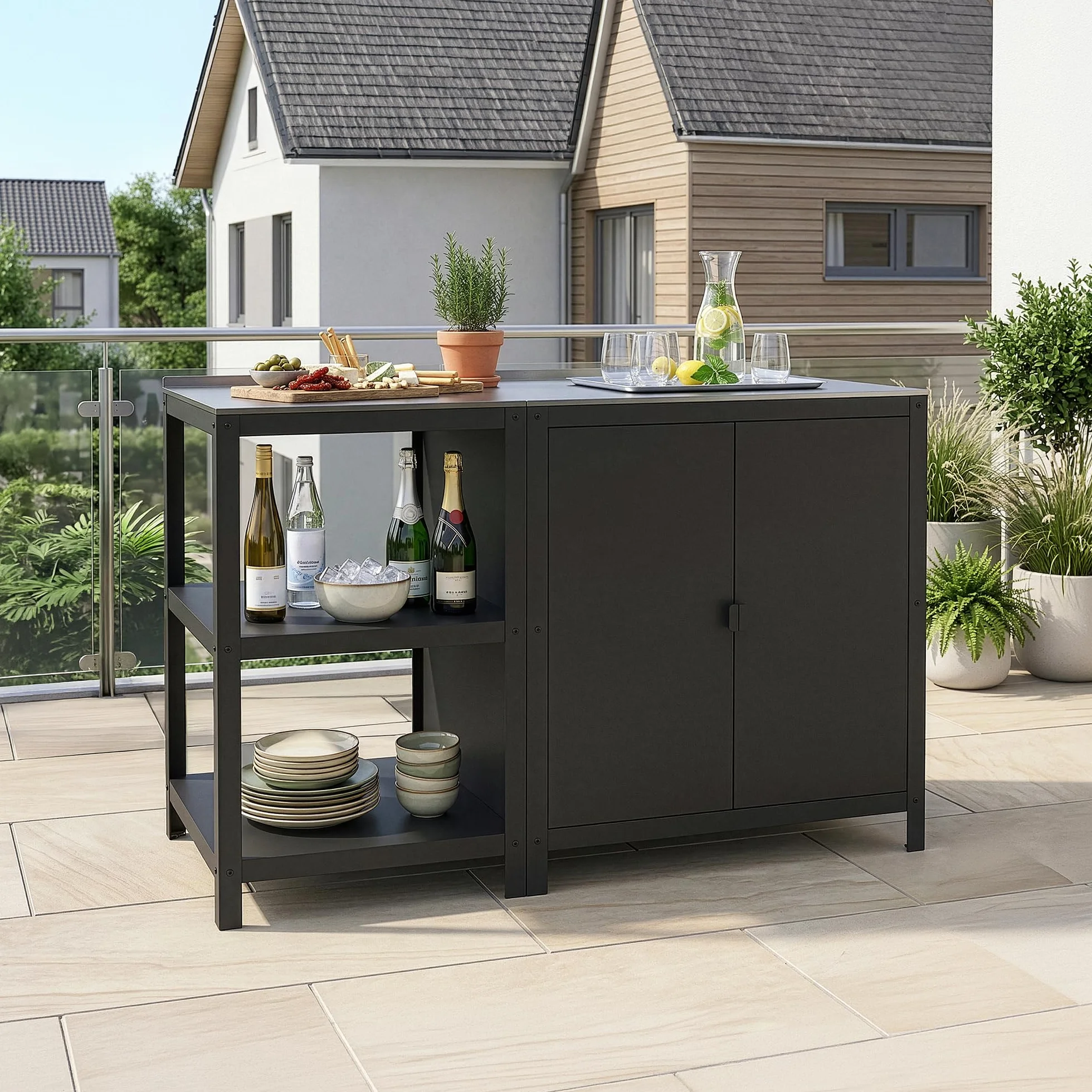 casa.pro Set di Mobili Organizzatori da Esterno Composto di Armadio da Giardino e Bancone in Acciaio con Ripiani Piedini Regolabili per Livellare - Grigio/Nero Opaco