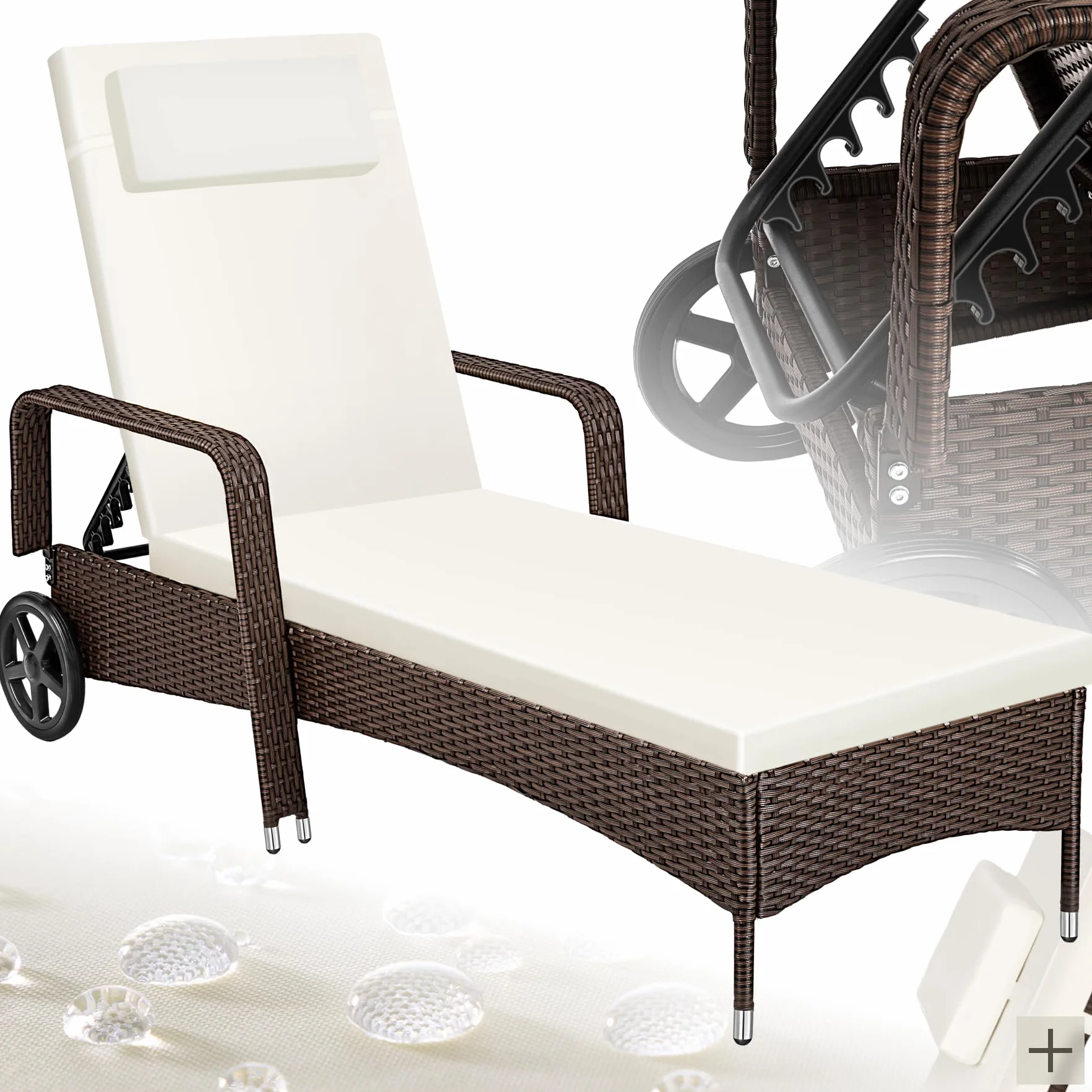 tectake® Lettino Poly Rattan Arredo Esterno Giardino, Sdraio Prendisole, Sdraio da Giardino, Terrazzo, Balcone, Sdraio piscina, Ruote Gommate, Arredo Interno Divano Sedia - Marrone Misto