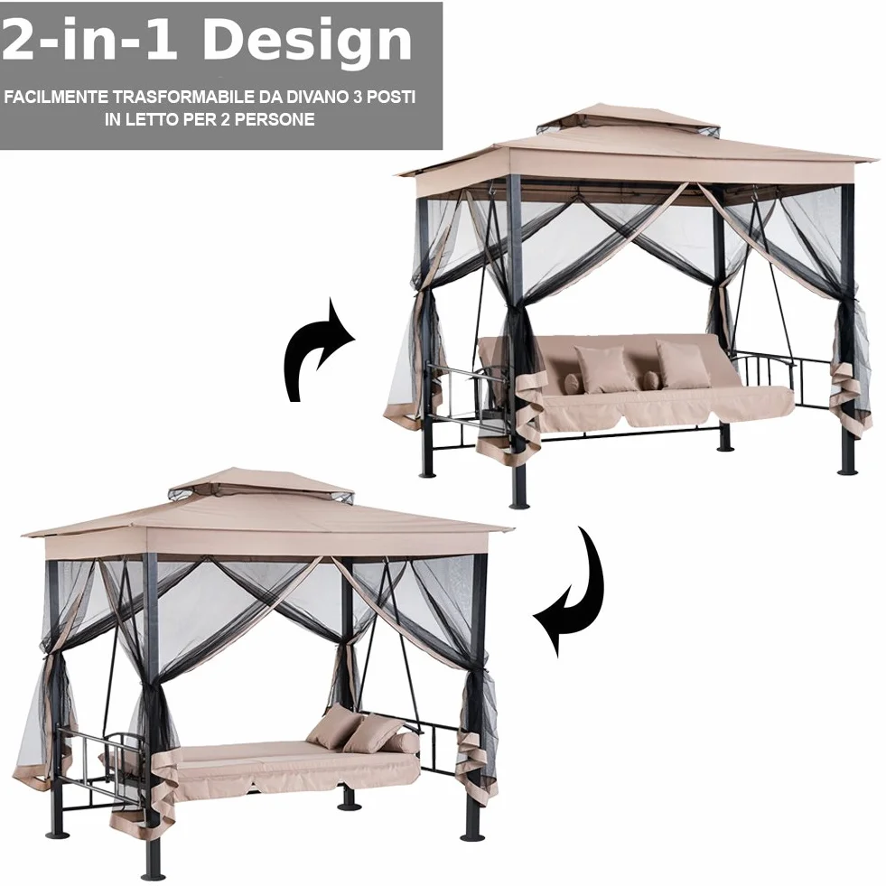 BAKAJI Gazebo Parasole da Giardino con Dondolo Letto e Zanzariere 3 posti, Modello Extra-Lusso Cleopatra, Amaca Altalena Trasformabile in Letto Matrimoniale, Colore Beige