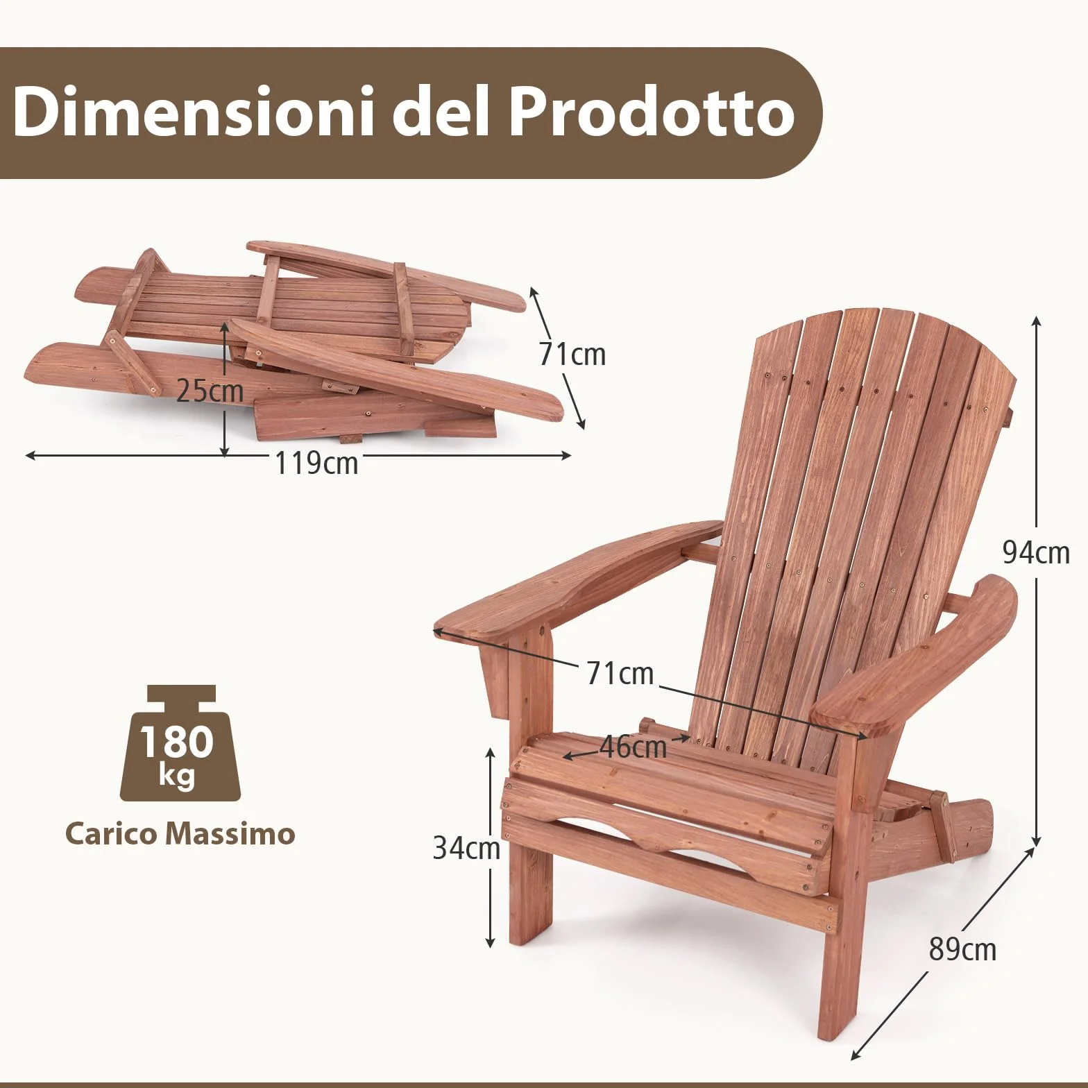 COSTWAY Sedia Adirondack Pieghevole, Sedia da Giardino in Legno di Abete, Poltrona Prendisole con Schienale Alto, Portata 180 kg, 89 x 71 x 94 cm (2, Marrone, 89 x 71 x 94 cm)