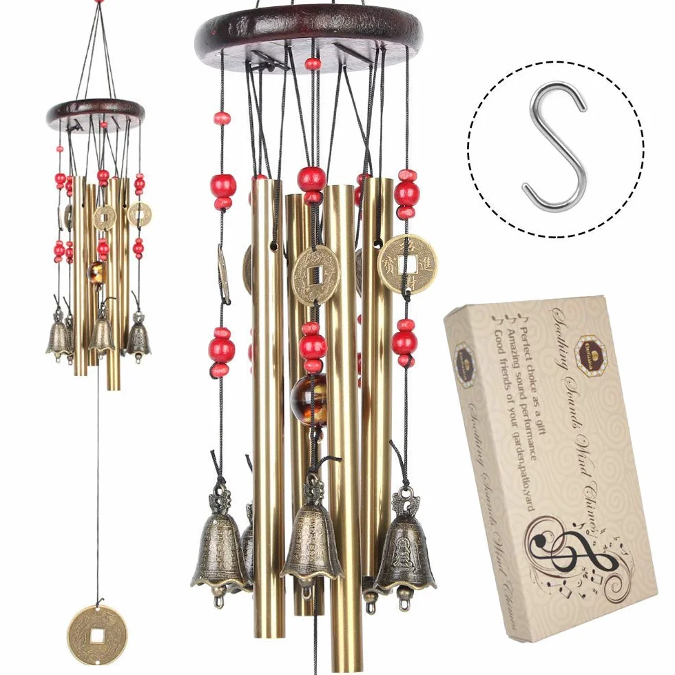 Cinese tradizionale stupefacenti 4 tubi 5 campane di bronzo Yard Garden Outdoor Living Wind Chimes 60cm