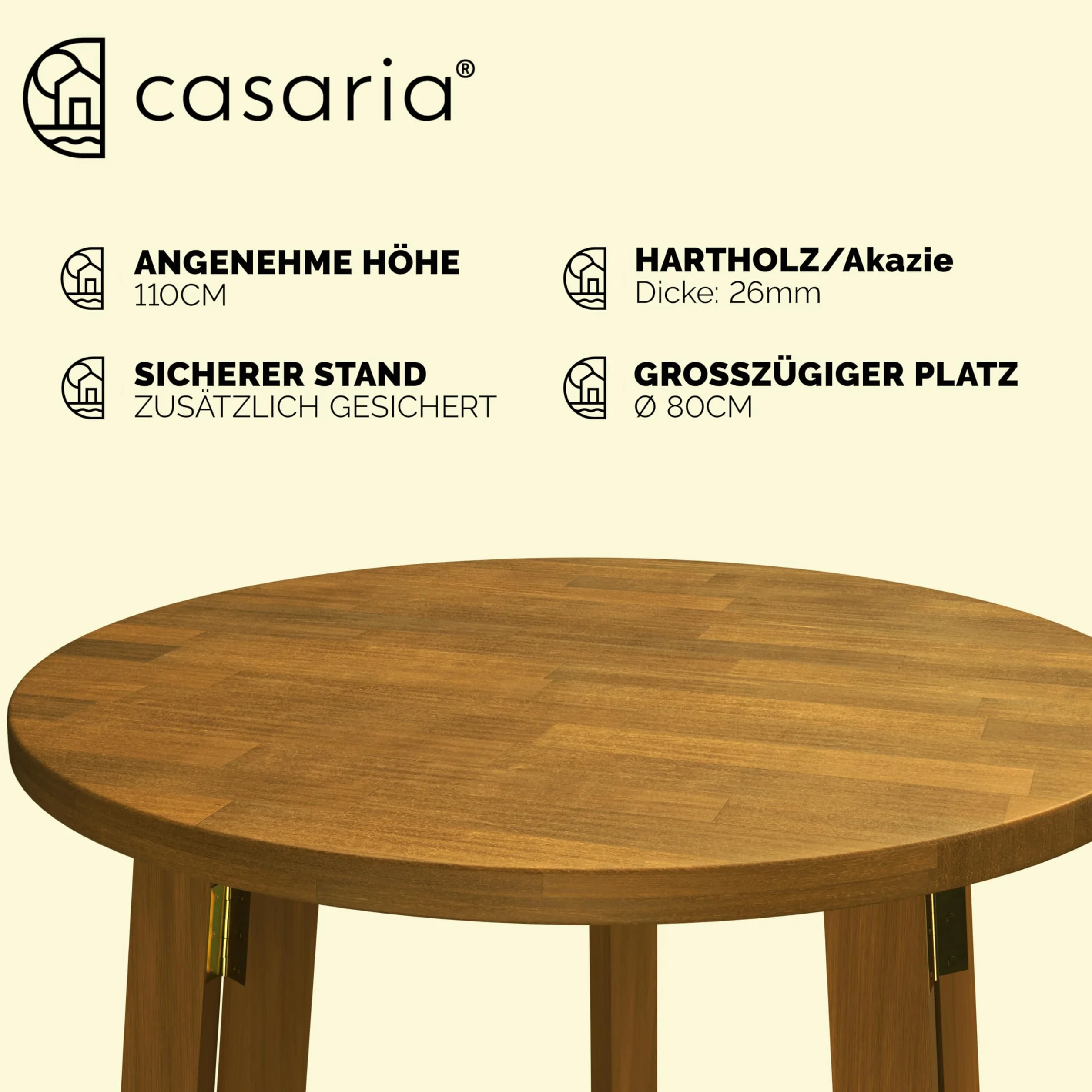 Casaria Tavolino Alto Pieghevole Legno di Acacia Ø 80 x 110cm Tondo Tavolo da Giardino Balcone Richiudibile