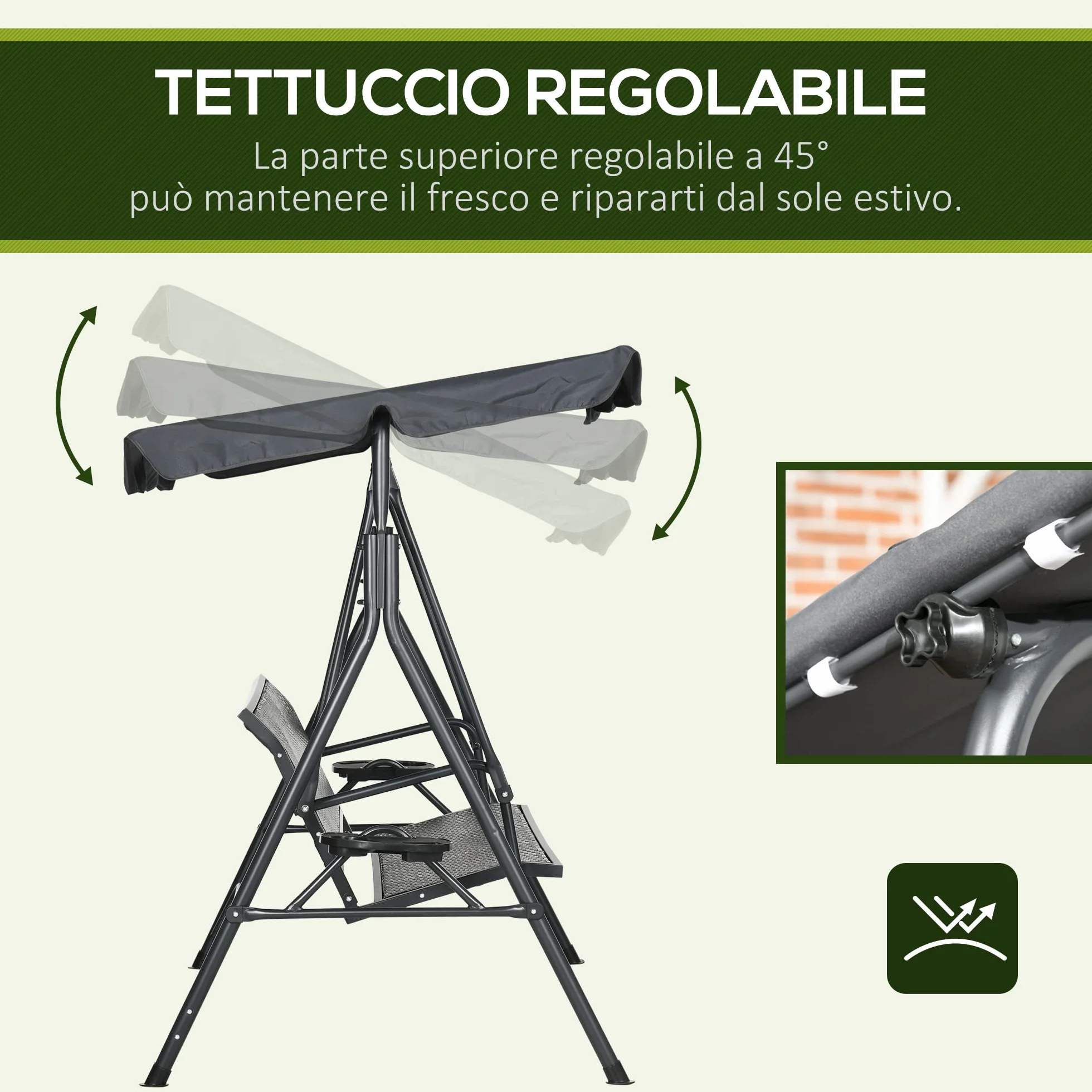 Outsunny Dondolo da Giardino 3 Posti in Rattan PE con Tettuccio Parasole Regolabile e Portabicchieri, Dondolo da Esterno con Telaio in Acciaio, Portata 320 kg, 204x112x150 cm, Grigio Scuro