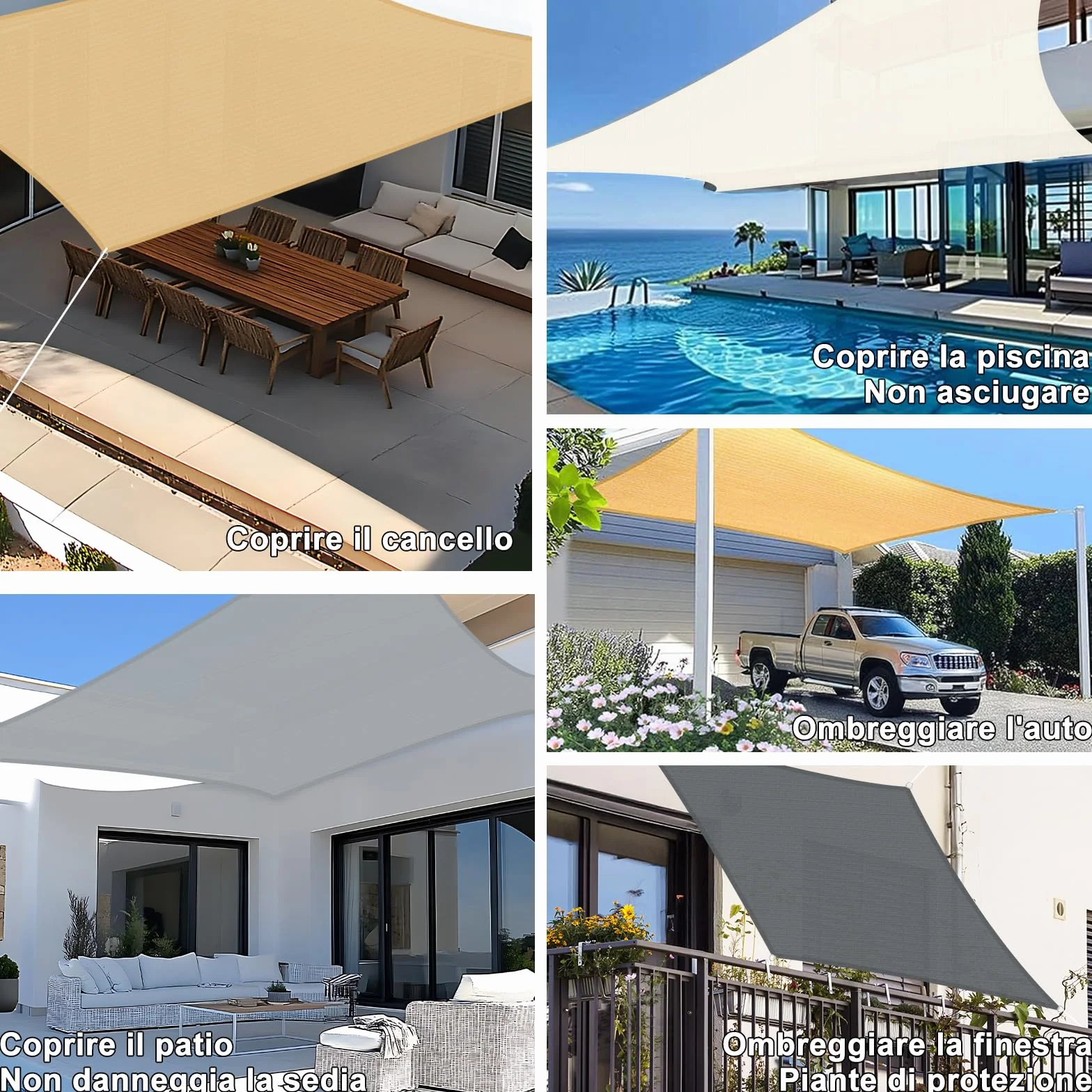 SUNNY GUARD Vela ombreggiante 2.5x2.5m HDPE Tenda a Vela Rettangolare, Tenda da sole per esterno Traspirante Protezione Raggi UV per Giardino Esterno terrazza, Sabbia
