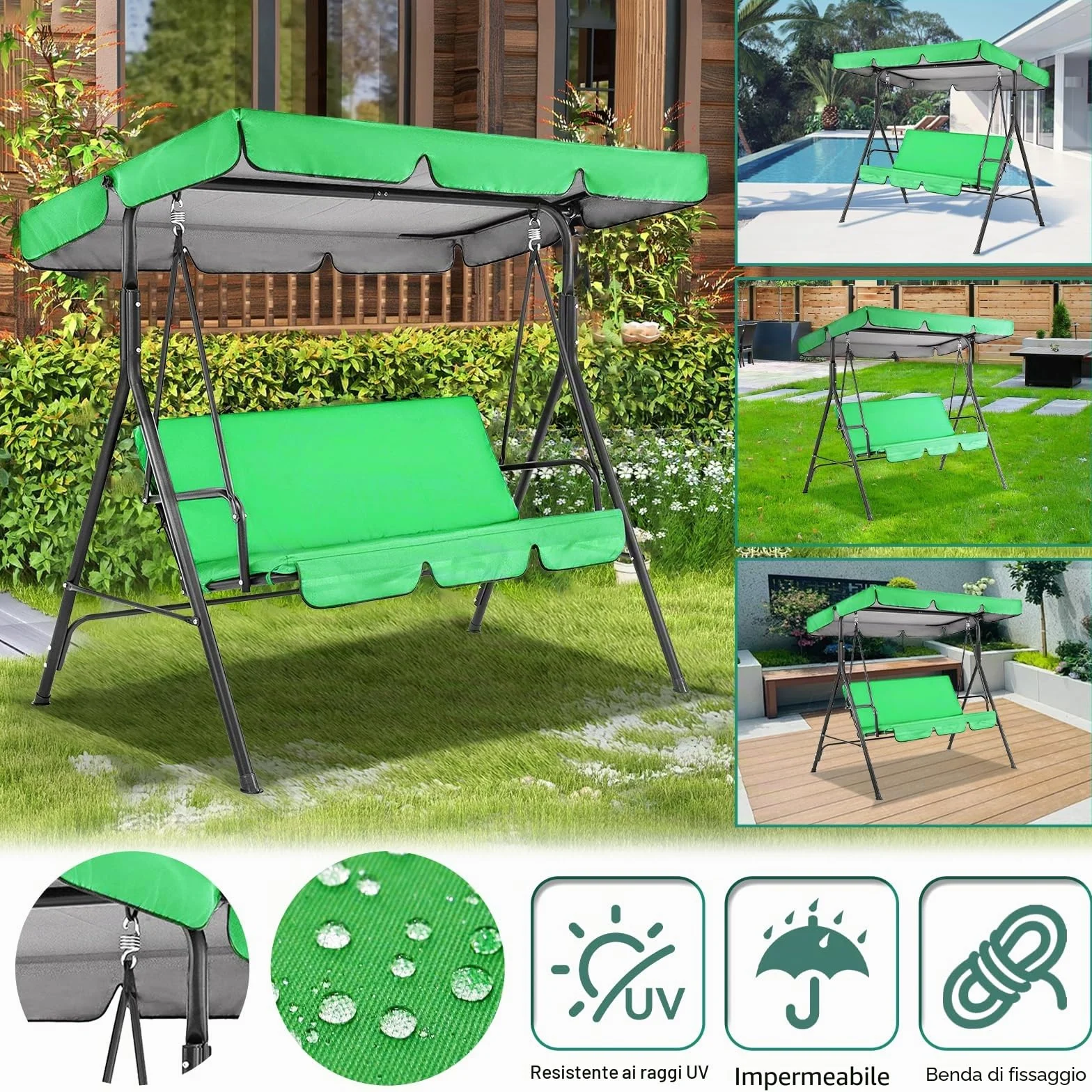 Tettuccio per Dondolo Tetto di Ricambio per Dondolo da Giardino,Copertura di Ricambio Impermeabile per parasole di ricambio,Copertura di Ricambio per Dondolo a 3 posti,Antistrappo,accessori