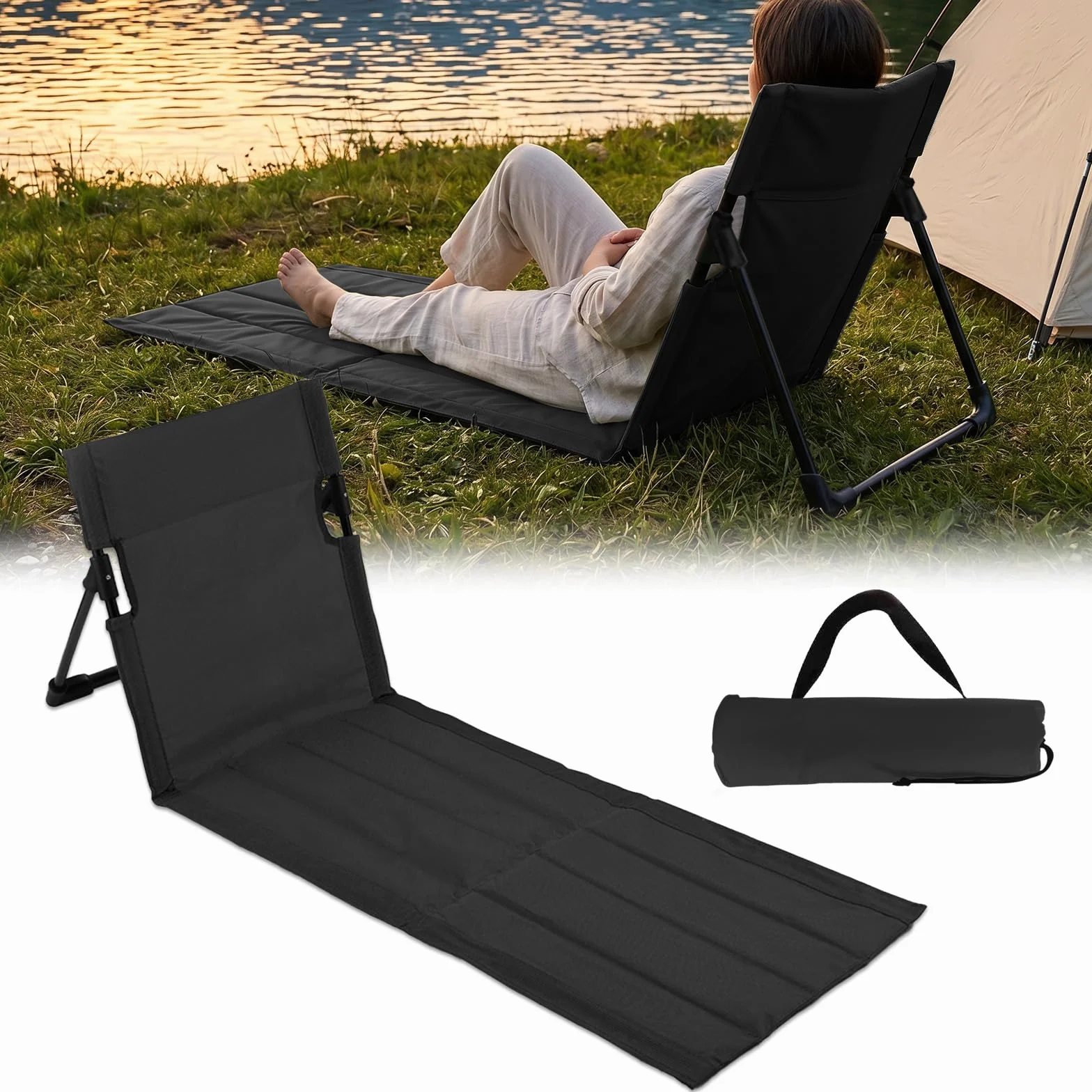 MeYuxg Tappetino da Spiaggia con Schienale, Pieghevole Leggero Materassino da Spiaggia con Schienale Outdoor Schienale Da Spiaggia con Tasca, per Campeggio, Spiaggia, Giardino(Nero-Modello lungo)