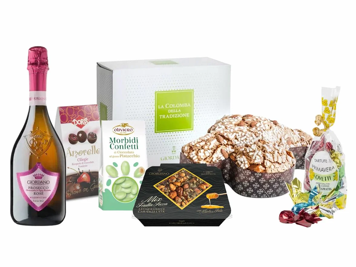 GIORDANO VINI Box Regalo Il Gusto della Pasqua – 1 Prosecco Rosé, 1 Colomba da 750g e 5 Specialità Dolci in Confezione Pasquale, Selezione Gourmet di Confetti, Ovetti e Frutta Secca