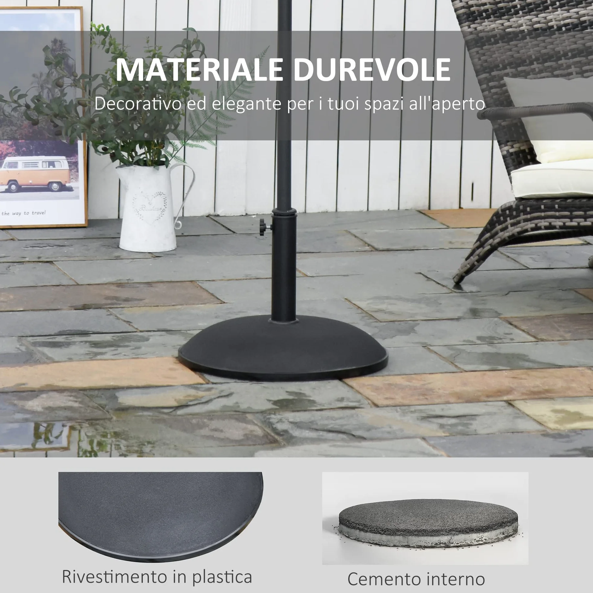 Outsunny Base Ombrellone in Cemento per Ombrelloni con Palo di Ø35mm, Ø38mm, Ø48mm, per Giardino, Terrazzo e Balcone, Nero Ø49x37 cm