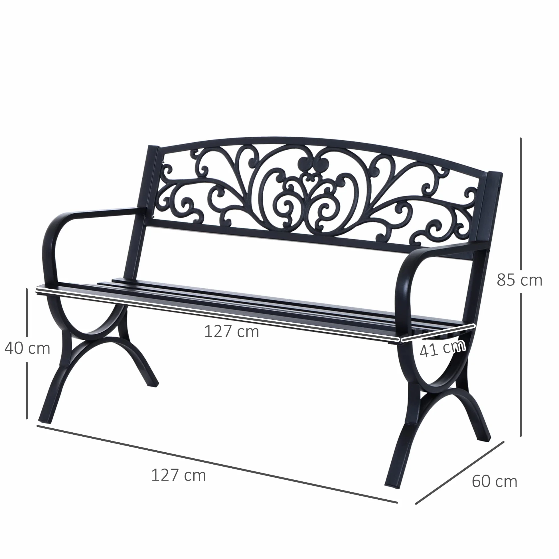 Outsunny Panca Panchina da Giardino Esterno Metallo, Ghisa 127 × 60 × 85cm Nero