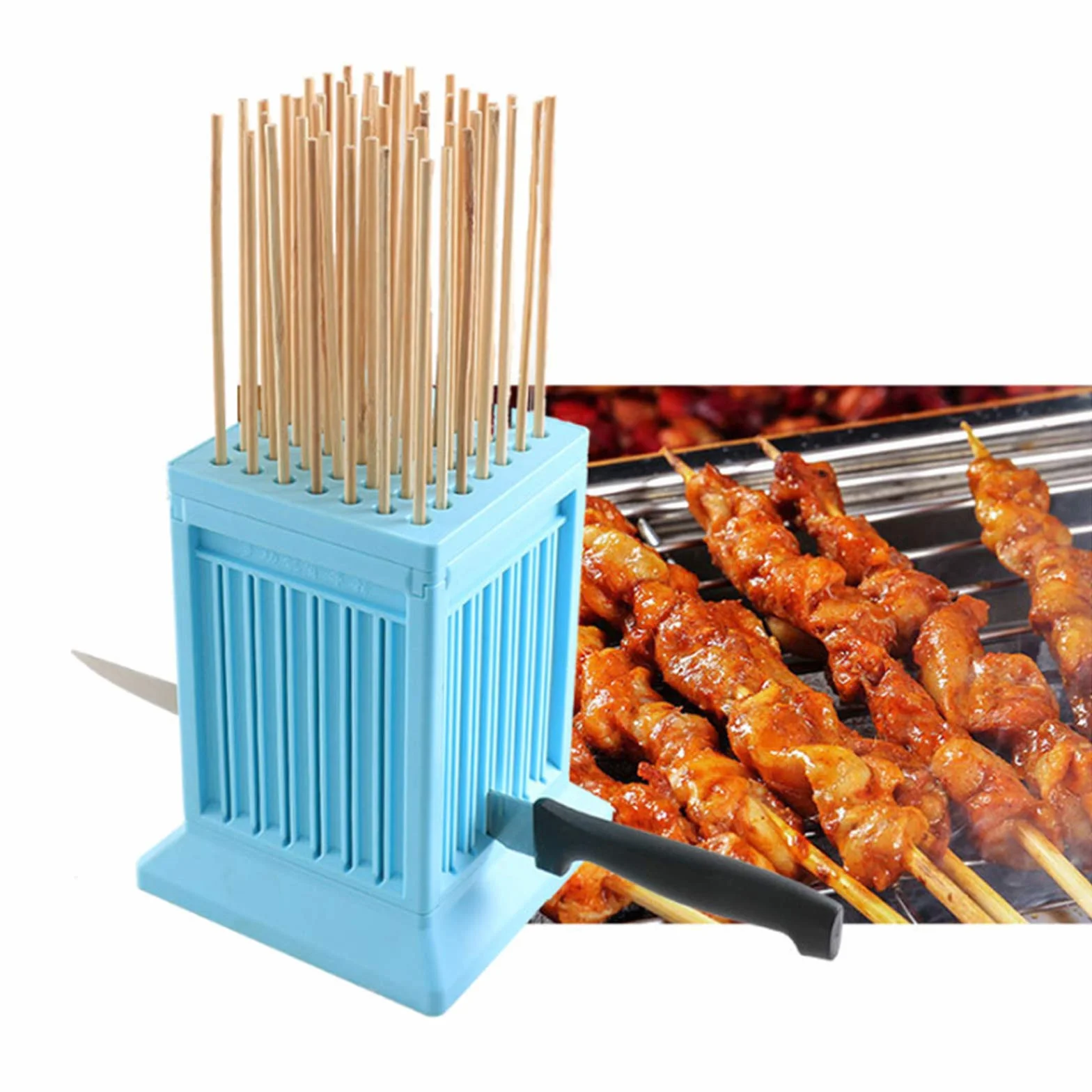 LSSB Cubo Fabbrica Spiedini Arrosticini Creatore Rapido per Carne e Verdure Barbecue Spiedini arrosticini cubo Barbecue Stringer 49 Buche Barbecue Grill Shish Kebab Maker Kit Strumento