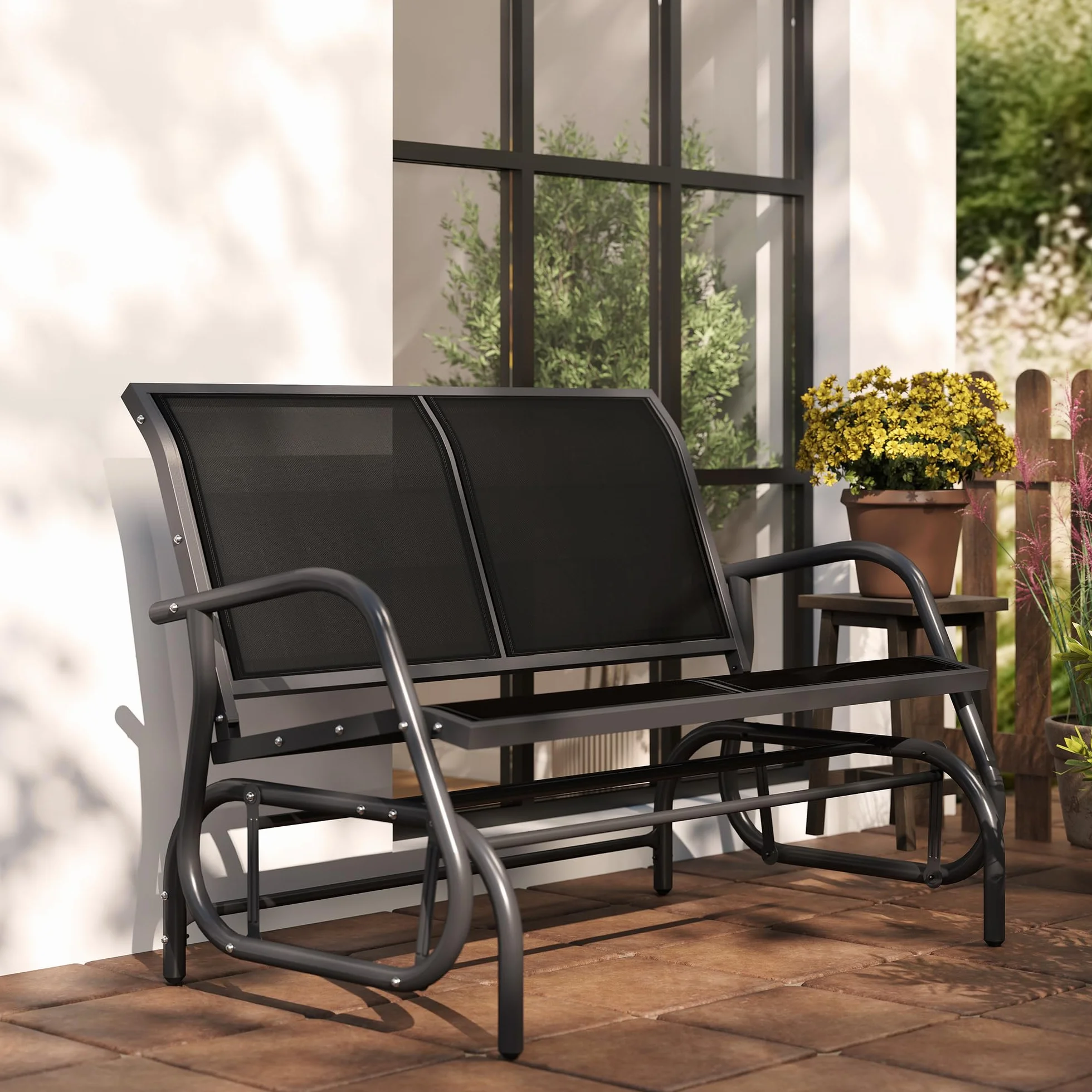 Outsunny Panchina a Dondolo da Giardino a 2 Posti in Metallo e Tessuto a Rete Traspirante, 120x70x85cm, Nero