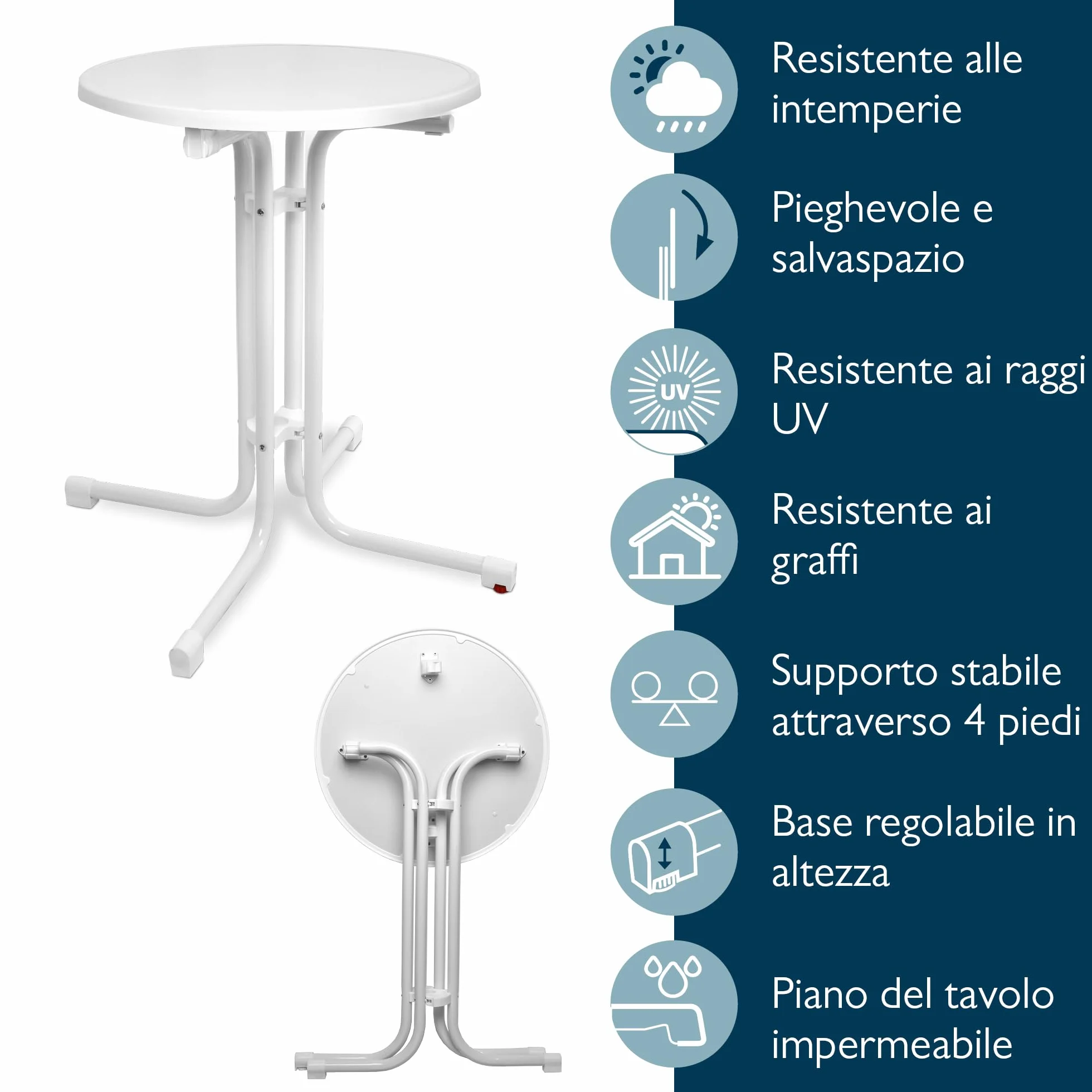 Beautissu Tavolo Bistrot da Esterno Ø 60 cm – Tavolino da Balcone Giardino Terrazza Pieghevole H 70 cm – Tavolo da Campeggio Feste Bar Ristorante – Bianca – Bistroni