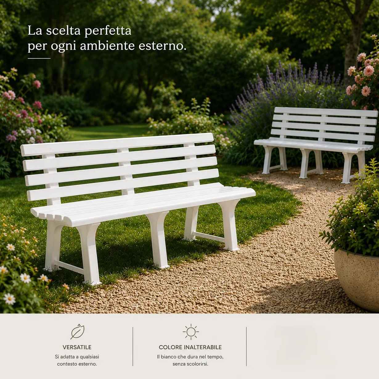 Panchina da Giardino in Resina 145X49X74h CM - da Esterno, Resistente, 3 posti, Balcone, Terrazzo, Locali, Schienale, con Poggioli, Facile da Pulire - Colore Bianco