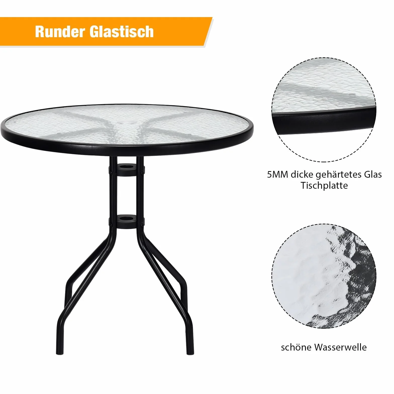 FANTASK Tavolo da giardino resistente alle intemperie, tavolo da balcone rotondo con foro per ombrellone, tavolo da terrazza con piano in vetro temperato, per cortile, 70 x 70 x 71 cm, terrazza e