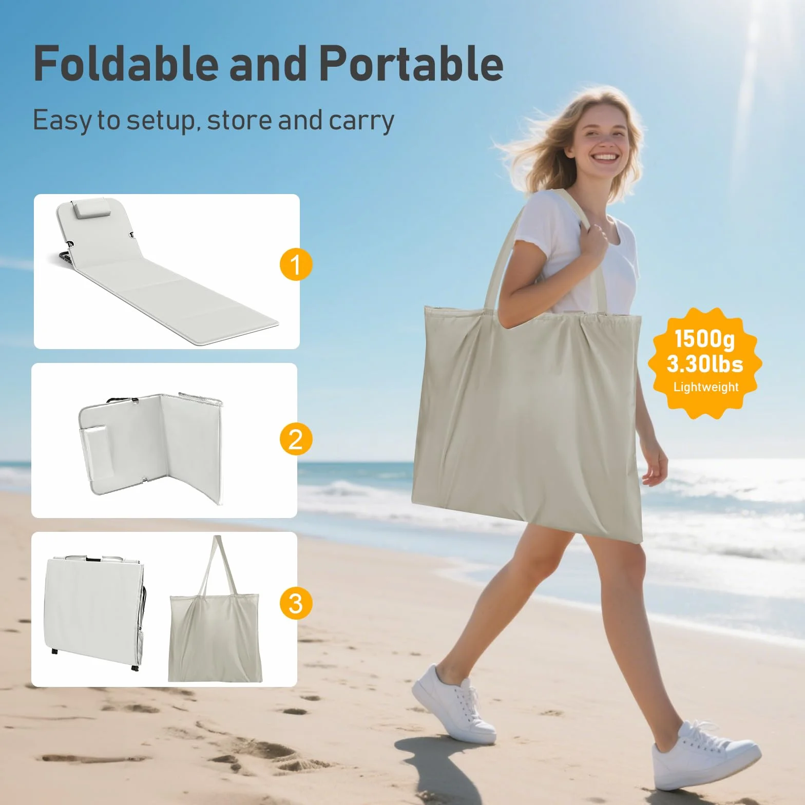 WildFun Sedia a sdraio e trolley da spiaggia portatile, tappetino da spiaggia pieghevole con schienale regolabile e tasca per la spiaggia, la piscina (2pcs, Grigio)