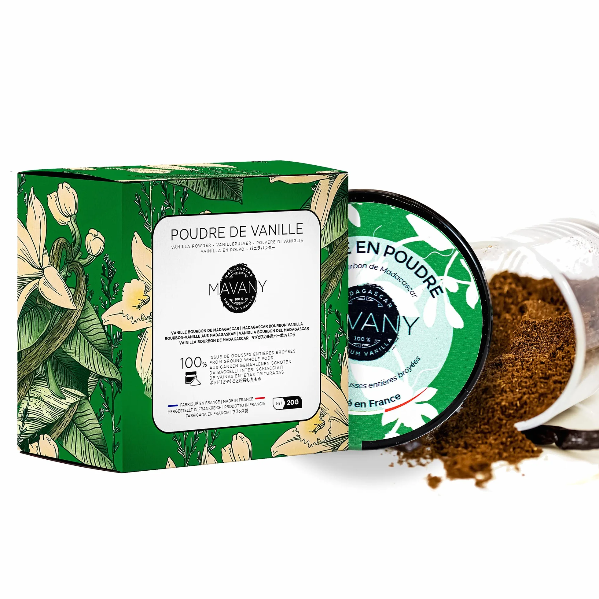 Vaniglia in polvere naturale al 100% da baccelli di vaniglia interi freschi schiacciati, vaniglia borbone del Madagascar, confezionato in un barattolo da 20 g