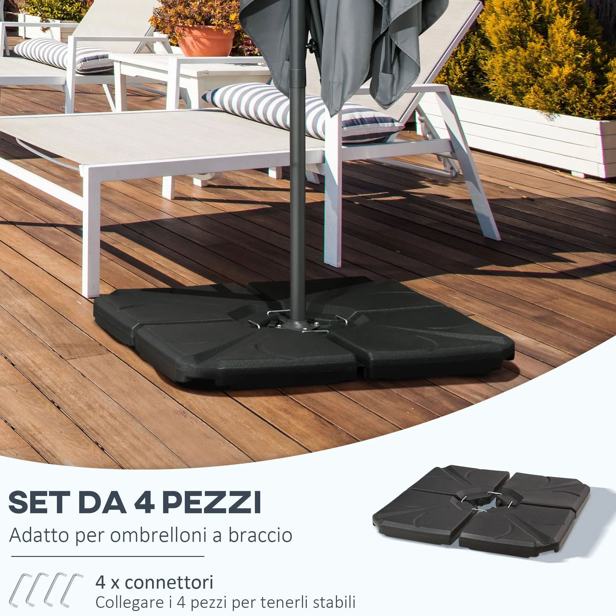 Outsunny Base per Ombrellone in Plastica HDPE da 4 Pezzi, Riempibili con Acqua e Sabbia Fino a 18kg, 103x103x8.3 cm, Nero