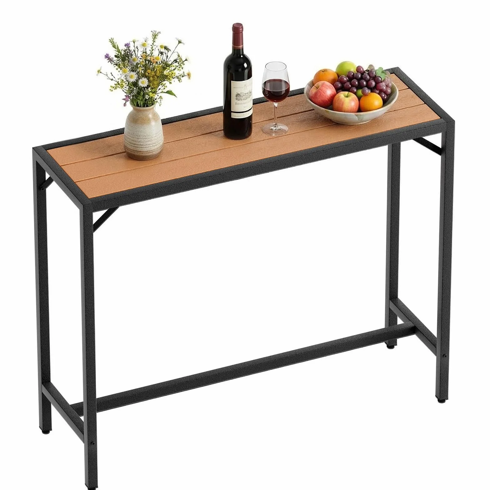 Clevich Tavolo Alto da Bar per Esterni, 120 x 38 x 98 cm, Tavolo da Giardino Cortile con Piedini Regolabili, Outdoor Bar Table con Piano Impermeabile, Adatto per Terrazza, Bordo Piscina, Colore Legno
