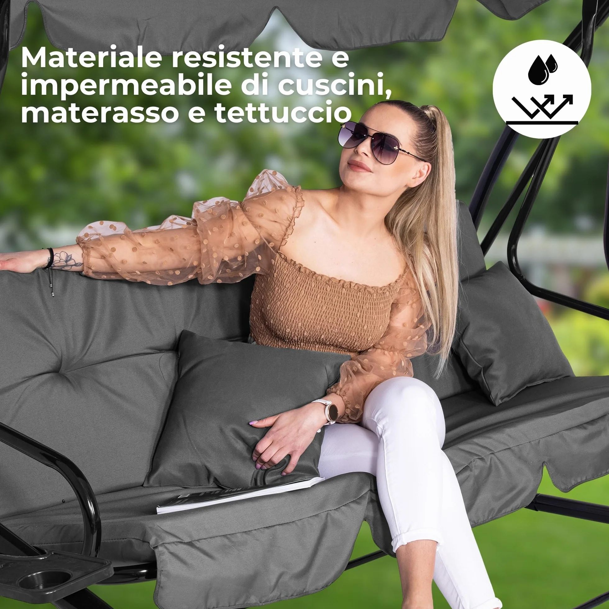 SPRINGOS - Dondolo da giardino a 4 posti, 220 x 162 cm, con 2 cuscini, cuscino per dondolo, con portabicchieri e funzione reclinabile