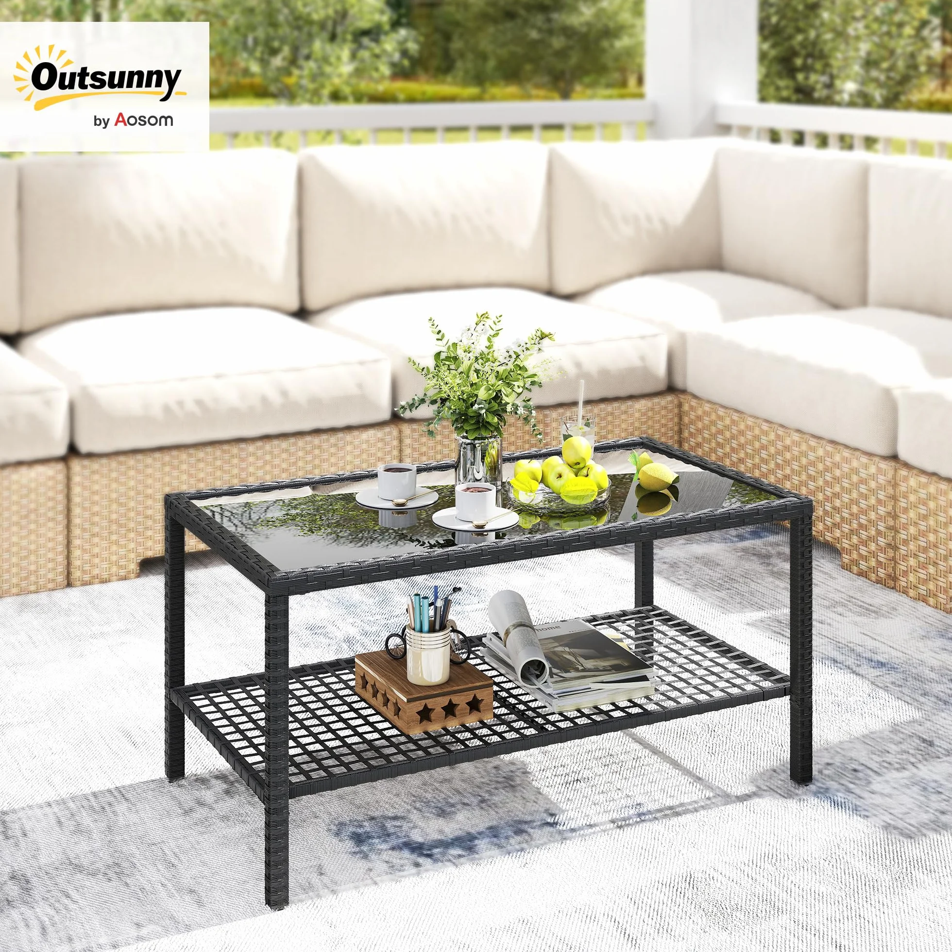 Outsunny Tavolino da Caffè in Rattan a 2 livelli con Ripiano, Piano in Vetro Temperato, Tavolino da Esterno con Struttura in Acciaio, 92x50x45 cm, Nero