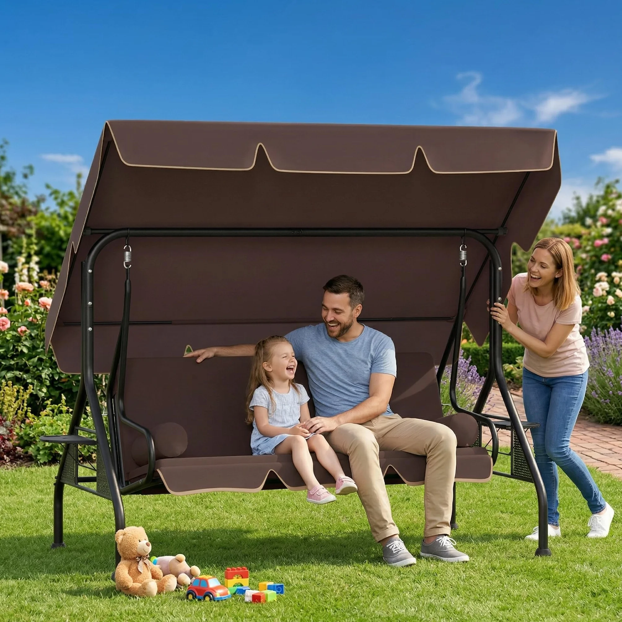 UISEBRT Dondolo Hollywood a 3 posti con funzione sdraiata, altalena da giardino con tettuccio parasole regolabile, 2 cuscini, 2 vassoi per esterni, portata fino a 350 kg, per giardino, piscina