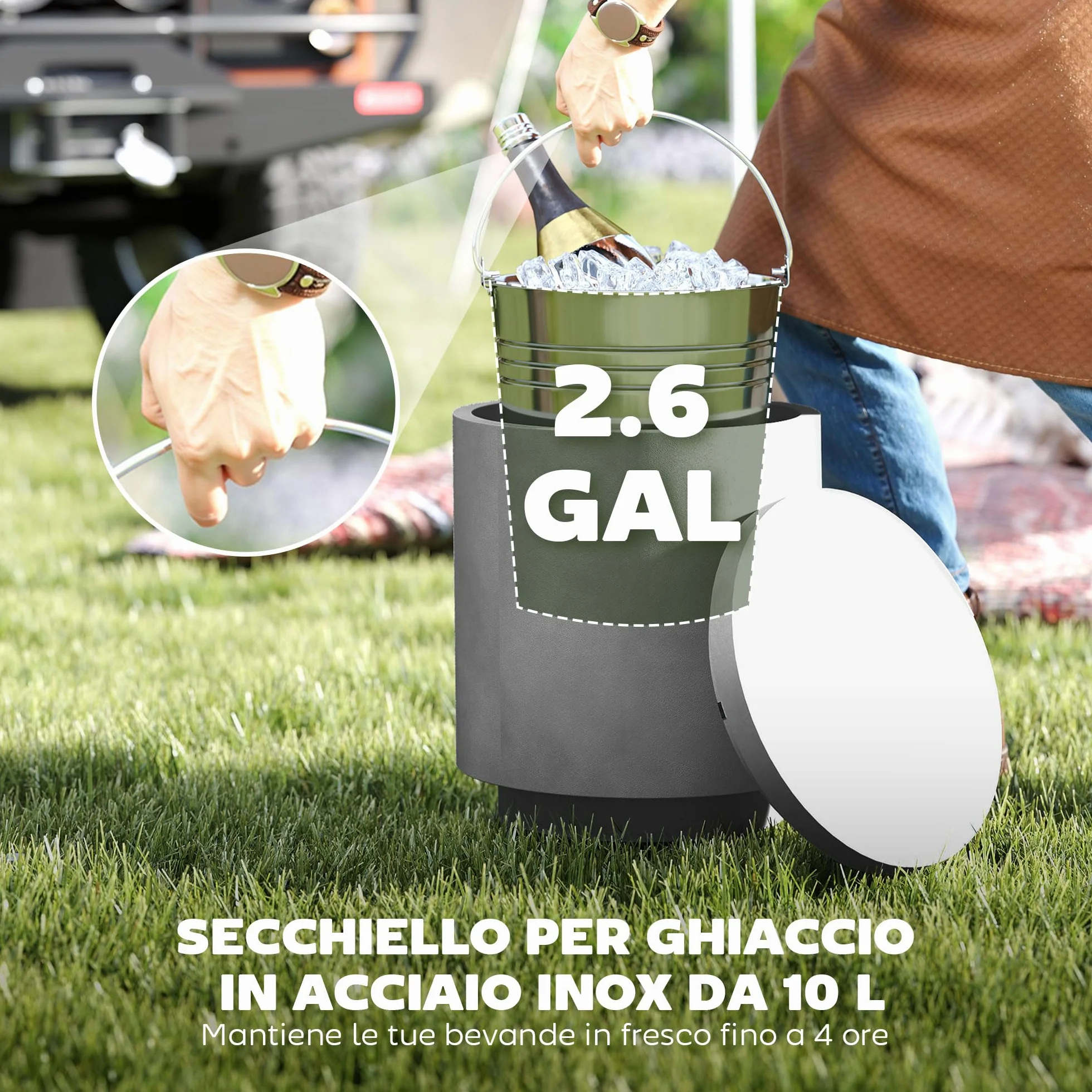 HOMCOM Tavolino Multiuso 3 in 1 con Secchiello Ghiaccio Rimovibile da 10 L e Coperchio, Tavolino da Esterno in Acciaio Inox e Cemento, Ø37.5x43.5 cm, Grigio Chiaro