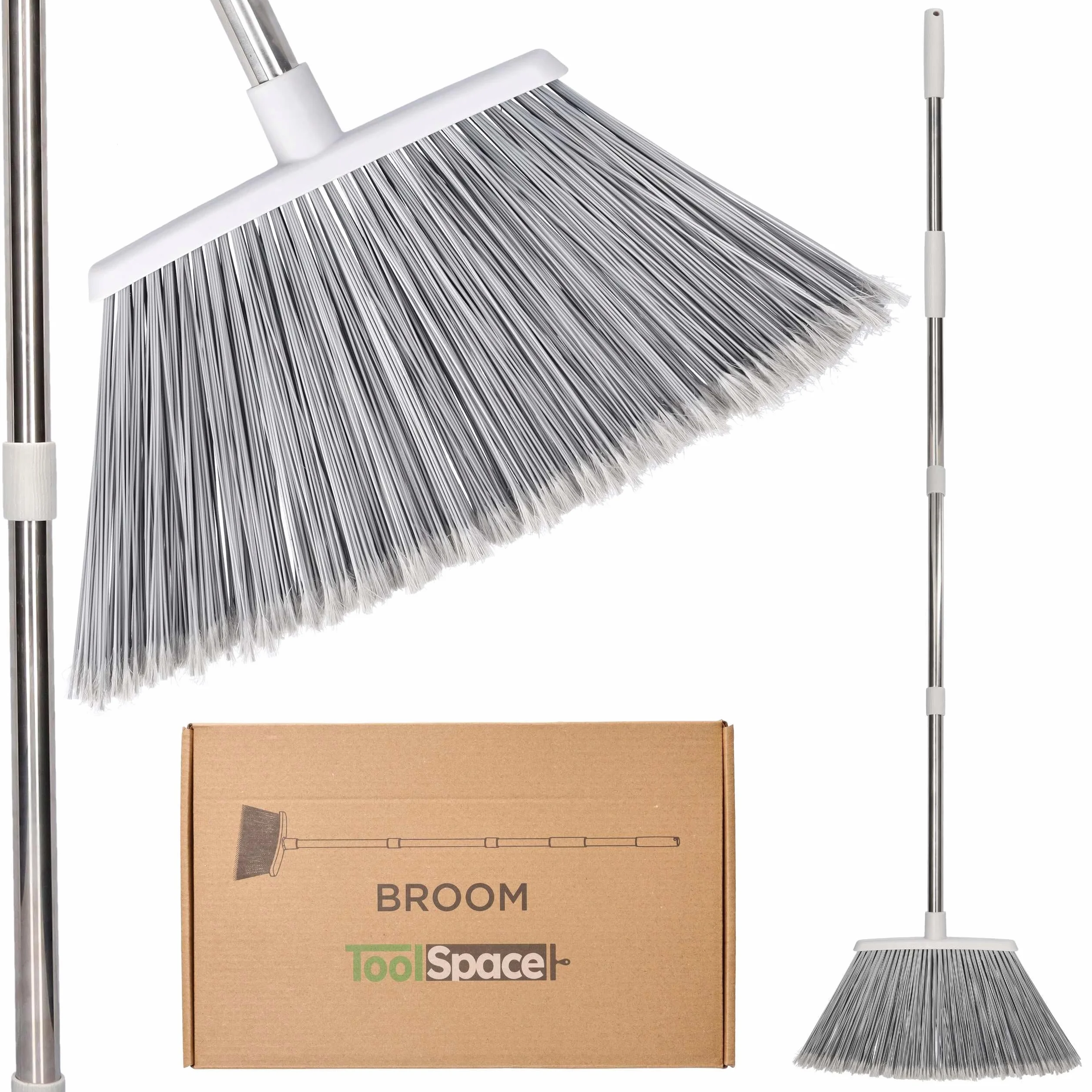 ToolSpace Scopa da Giardino per Esterni 38 cm con Manico Telescopico in Acciaio 133 cm (Altezza 145 cm) Grande Spazzolone Industriale Setole Dure per Pulizia Strada Pavimenti Terrazze Cortili Grigio