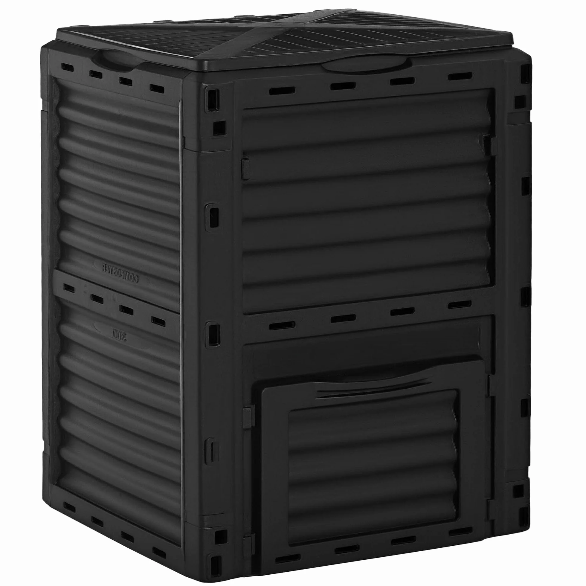 Outsunny Compostiera da Giardino 300L Plastica Nera con Coperchio a Incastro