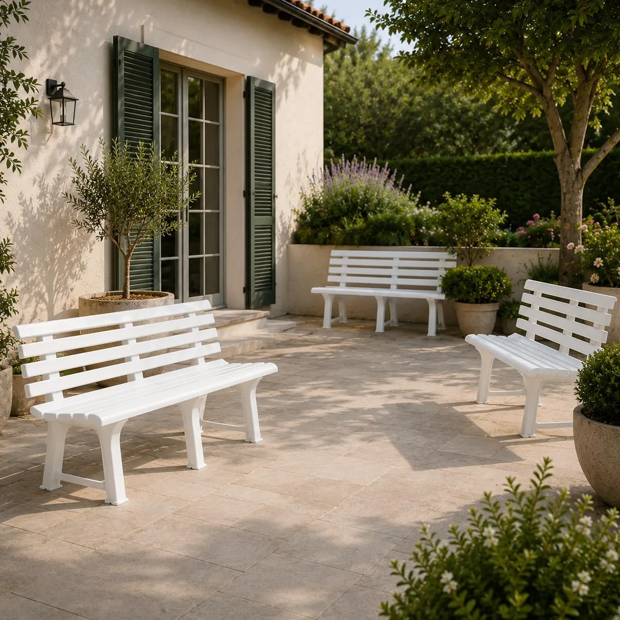 Panchina da Giardino in Resina 145X49X74h CM - da Esterno, Resistente, 3 posti, Balcone, Terrazzo, Locali, Schienale, con Poggioli, Facile da Pulire - Colore Bianco