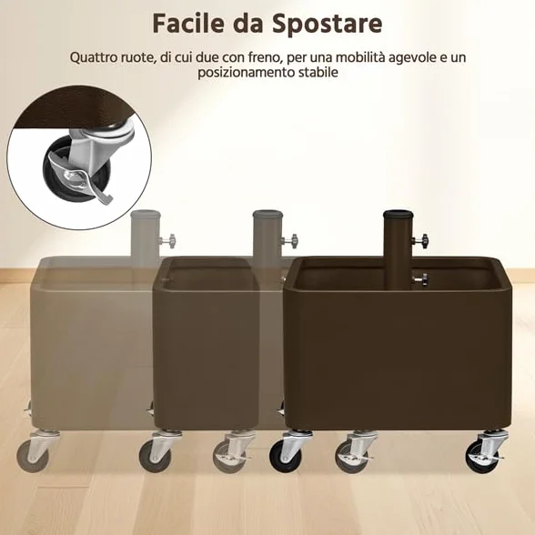 Yaheetech Base per Ombrellone con Ruote 2 Freni Riempibile e Piantabile con Sabbia o Pietre 150 kg per Pali da Ø38mm e Ø48mm con 13 Fori di Scarico Cortile Terrazza Giardino Esterno Marrone