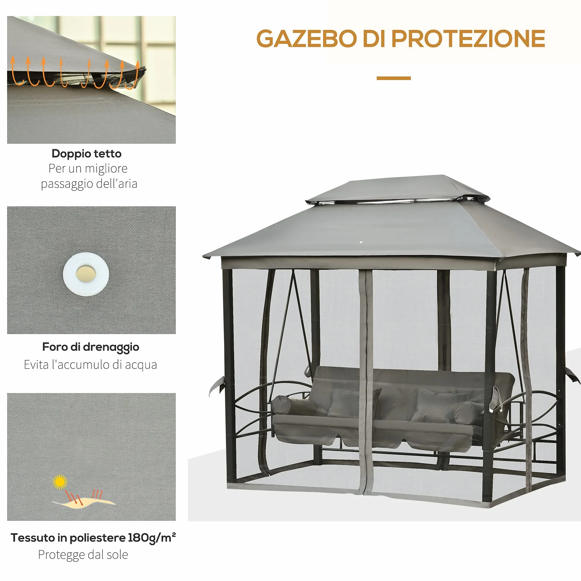 Outsunny Dondolo 3 Posti e Lettino Singolo Copertura a Gazebo con Zanzariera e Cuscini 256x172x248cm Grigio Scuro