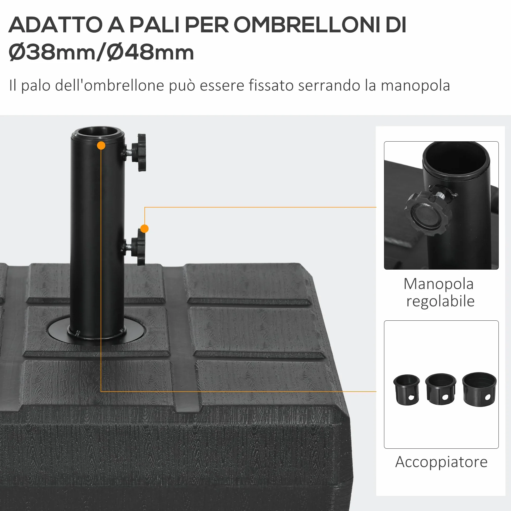 Outsunny Base per Ombrellone da Giardino Riempibile con Maniglia Incorporata e Beccuccio Laterale, Basamento per Ombrellone in HDPE, per Pali di Ombrelloni da Ø38/48 mm, 49x49x36.5 cm, Nero