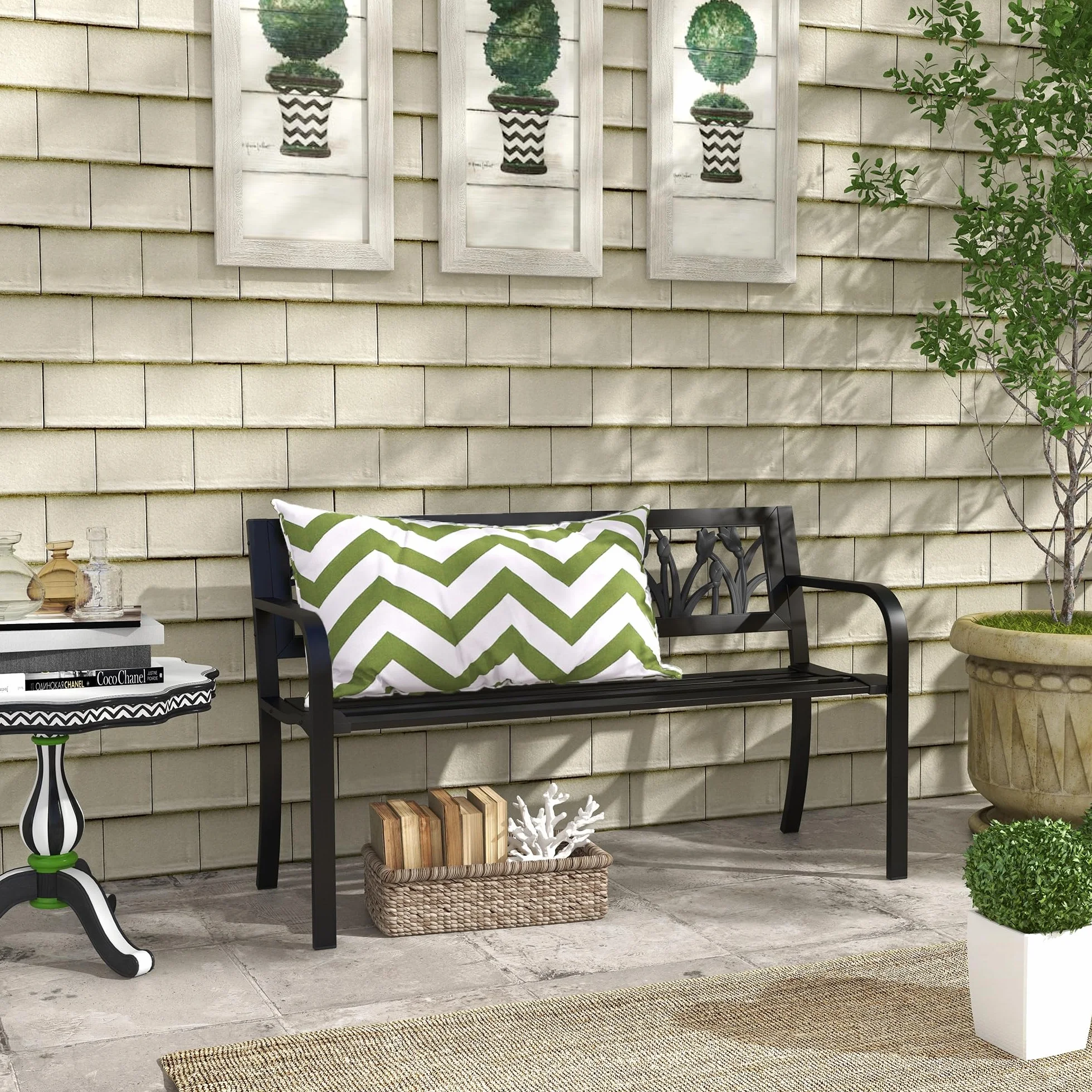 Outsunny Panchina da Esterno in Acciaio, Panchina da Giardino 2 Posti con Schienale Decorato e Braccioli, 125x50x75cm, Nero