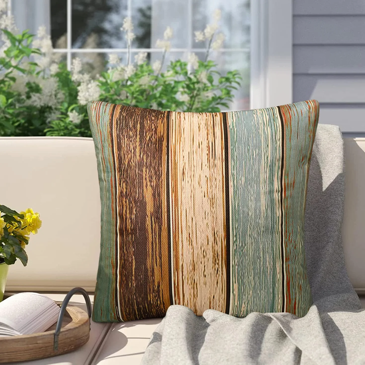 Copricuscini Cuscini per Divani Moderni Federe Cuscini Divano Strisce Legno Vintage Poliestere Copricuscini Impermeabili Cuscino per Divano per Soggiorno Giardino Balcone Set di 2