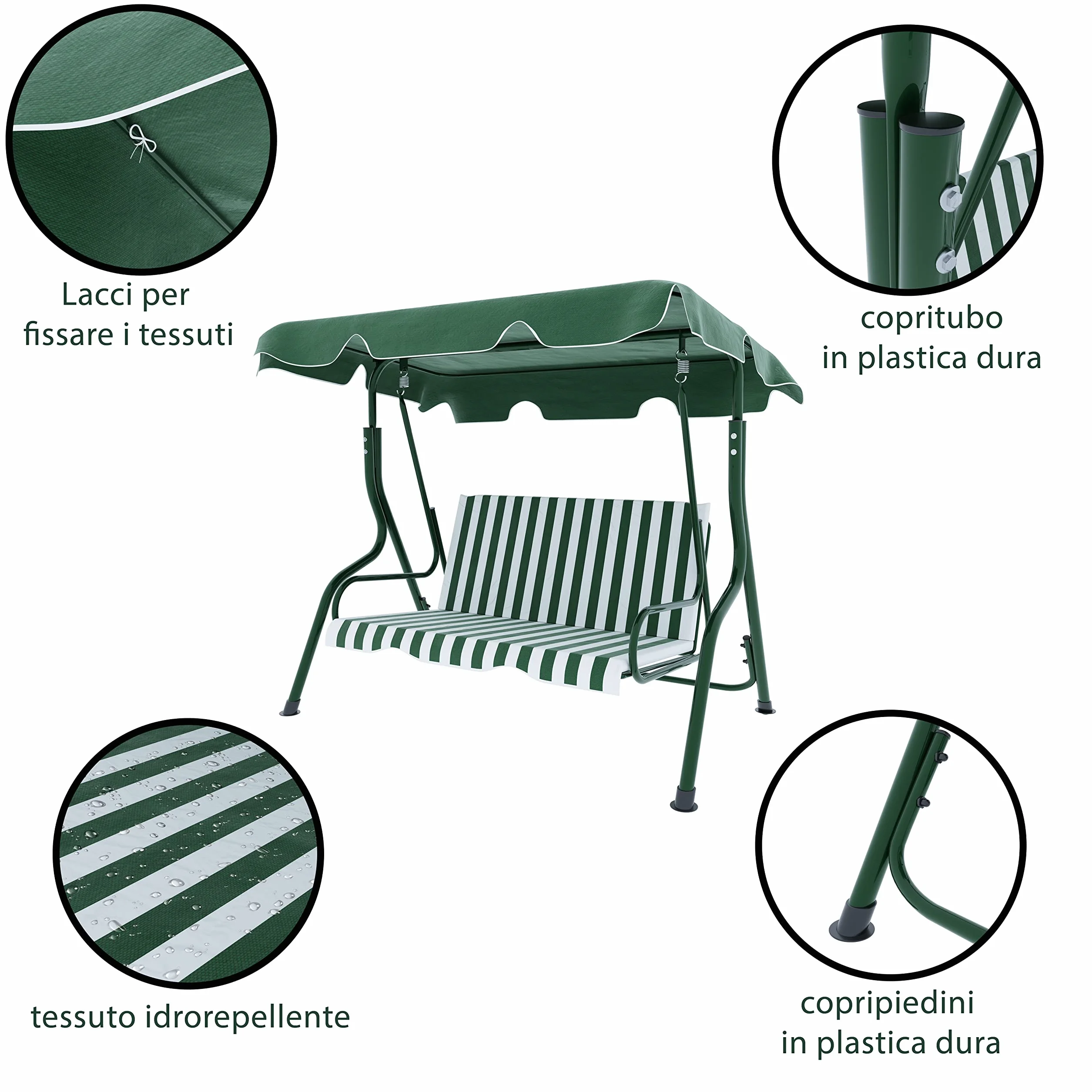 BRICOZONE Dondolo 3 Posti con Cuscini Imbottiti Tettuccio Parasole Regolabile Struttura in Acciaio Verniciato Robusto da Giardino Esterno Balcone Terrazzo 170 x 110 x 153 cm Verde e Bianco