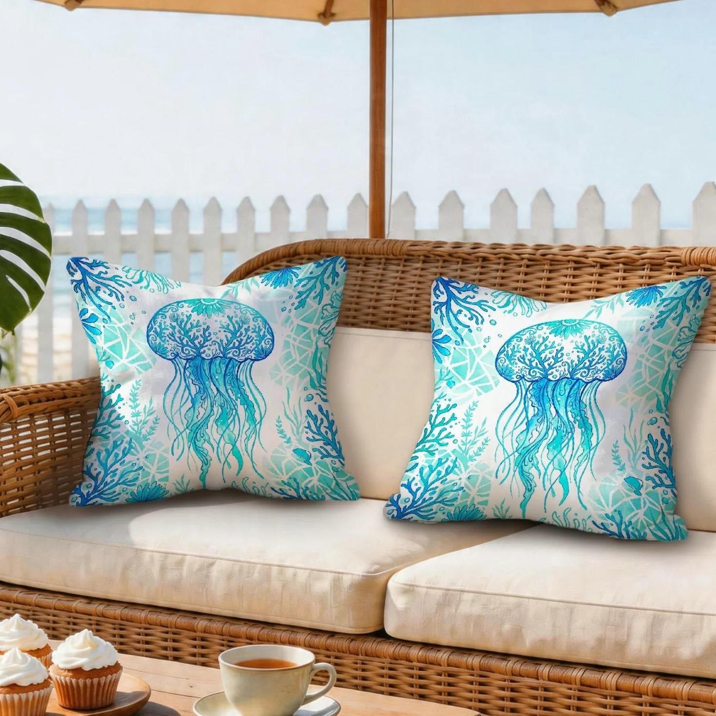 Federa per cuscino da esterno, motivo meduse, oceano, contemporaneo, corallo, alghe estive, resistenti all'acqua, in poliestere, per patio, veranda, terrazza, mobili da esterno, 40,6 x 40,6 cm