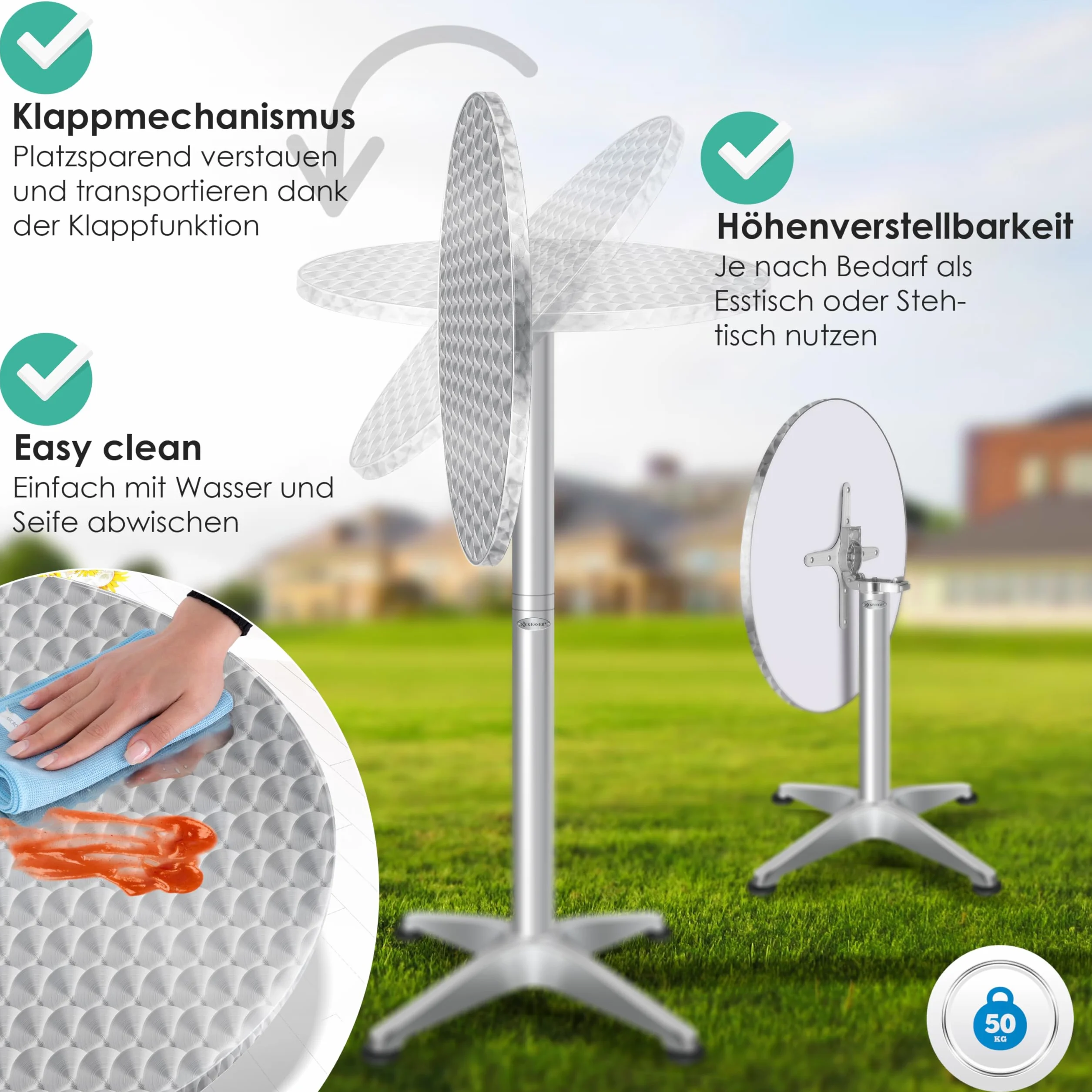 KESSER Tavolo da bistrot pieghevole 2 in 1, set da 2 pezzi, piastra in alluminio in acciaio inox, altezza 70 cm/115 cm, diametro 60 cm, tavolo da ricevimento per interni ed esterni, tavolo pieghevole